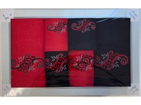 Coffret éponge 6 pièces rouge et noir motif brodé de volutes