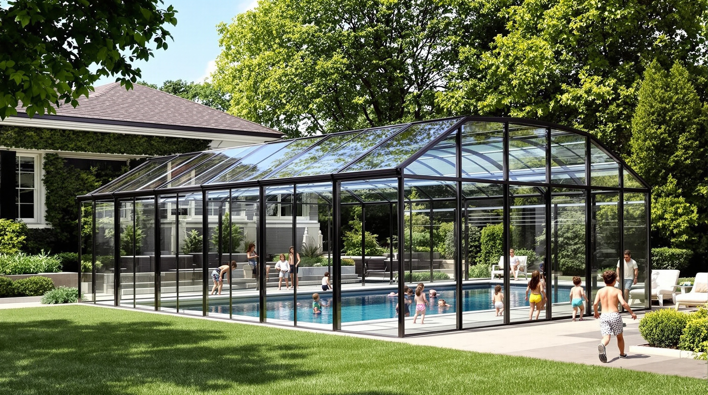 Abri haut design entièrement fermé protégeant une piscine moderne.