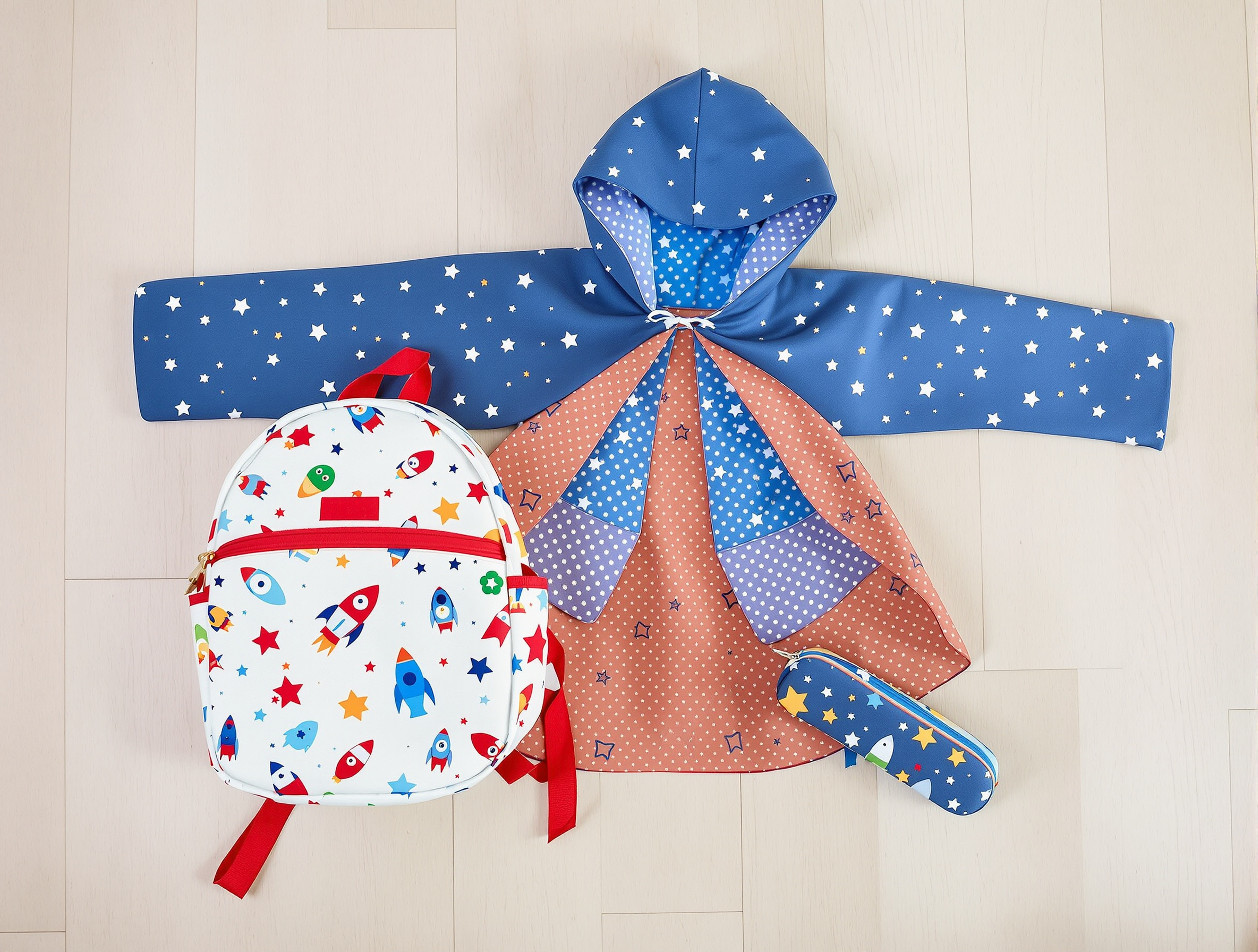 Accessoires cousus main pour enfant sur parquet bois clair : petit sac fusées, cape bleue étoilée et trousse assortie.