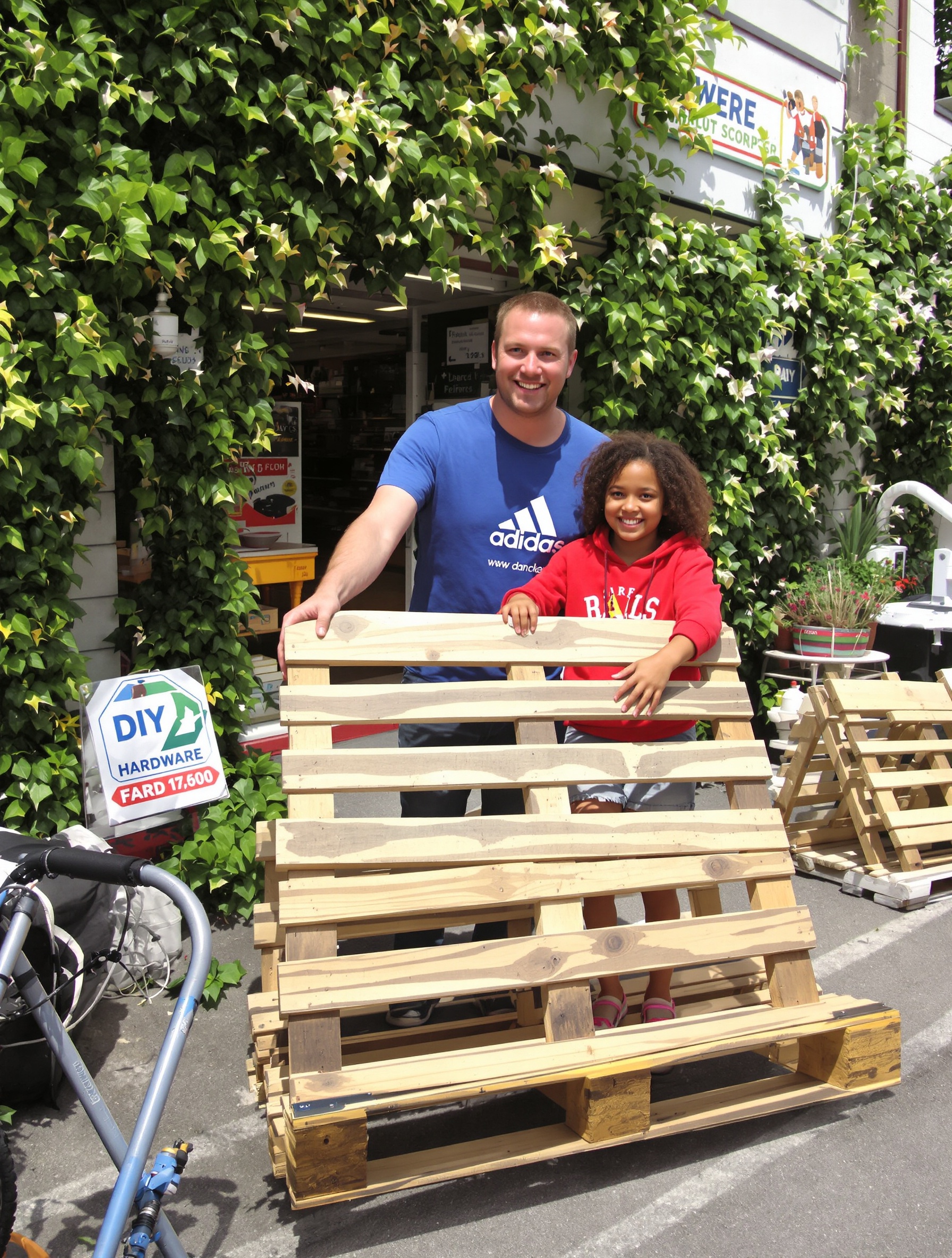 Récupération de palettes bois gratuites devant un magasin de bricolage