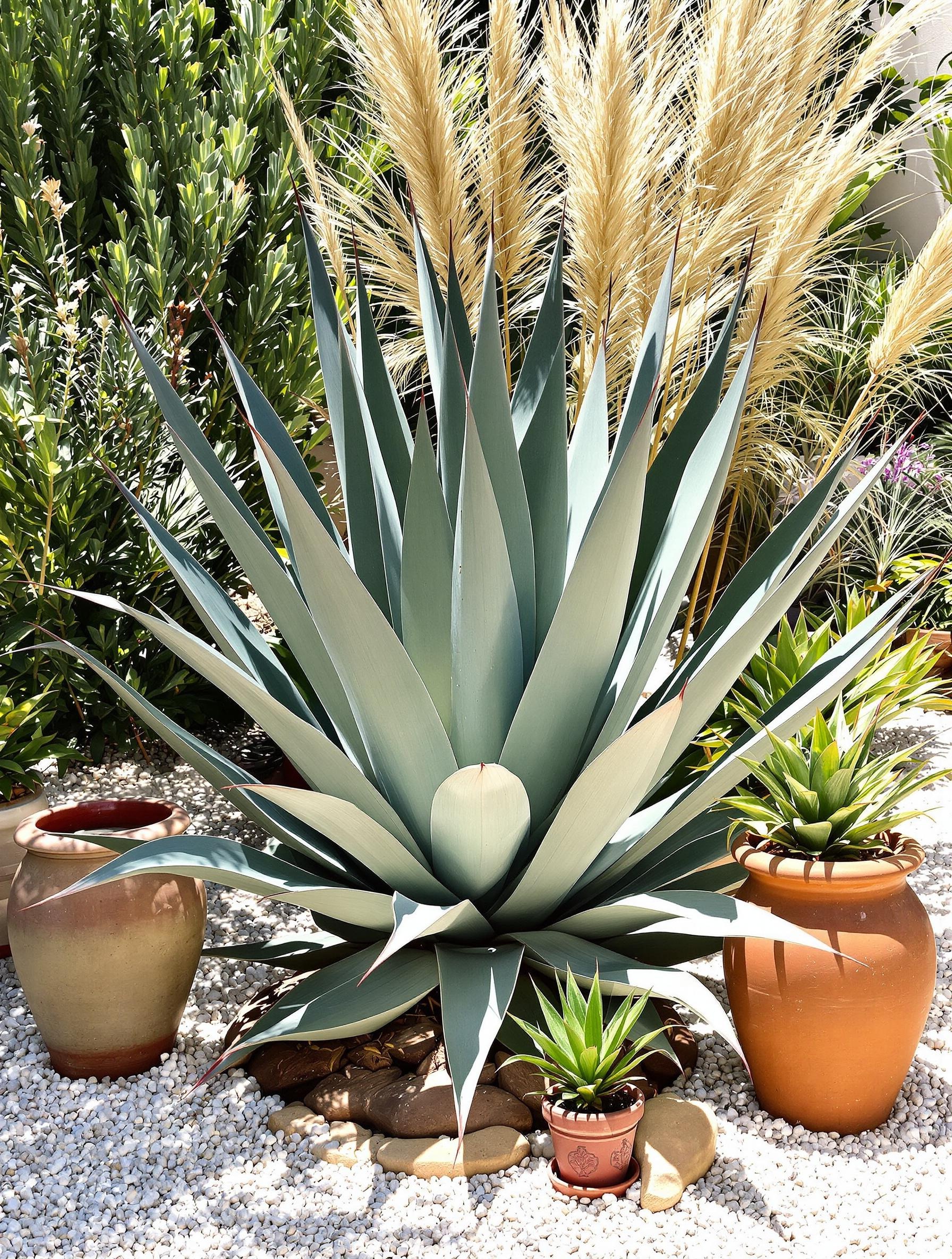 Agave americana dans un jardin méditerranéen avec gravier blanc