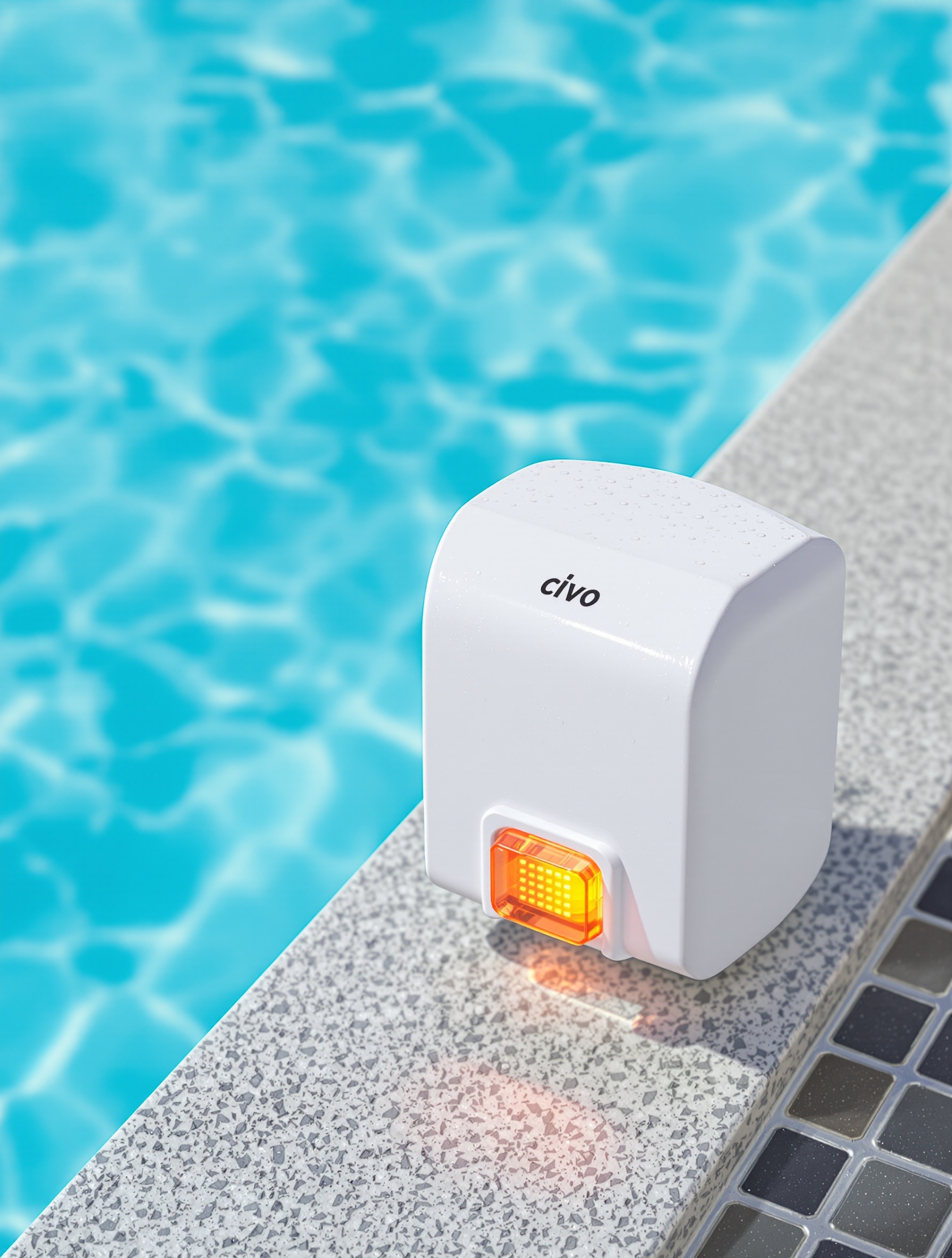 Alarme piscine immergée avec détecteur sur rebord de bassin.