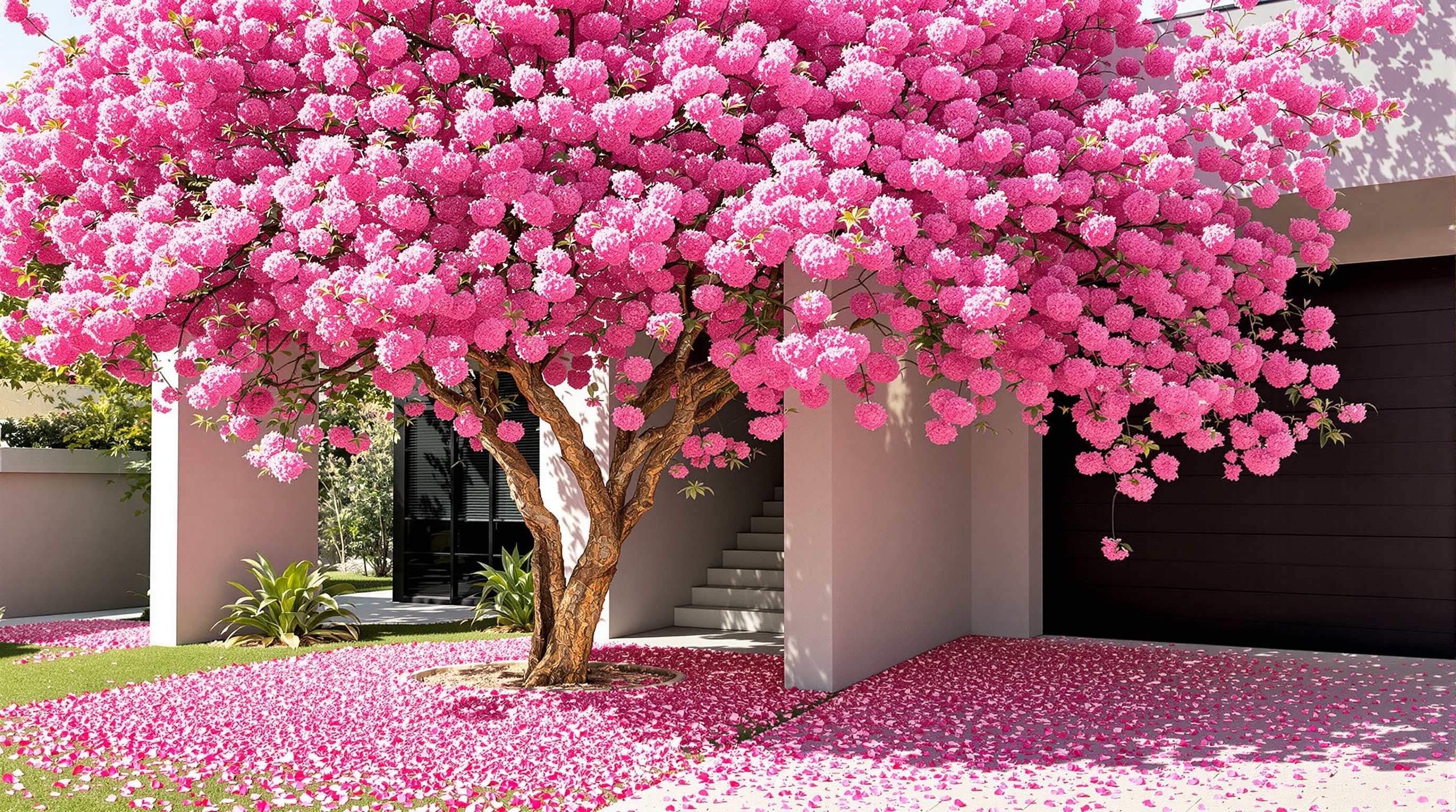 Albizia fleuri devant maison moderne : esthétique superbe mais entretien contraignant