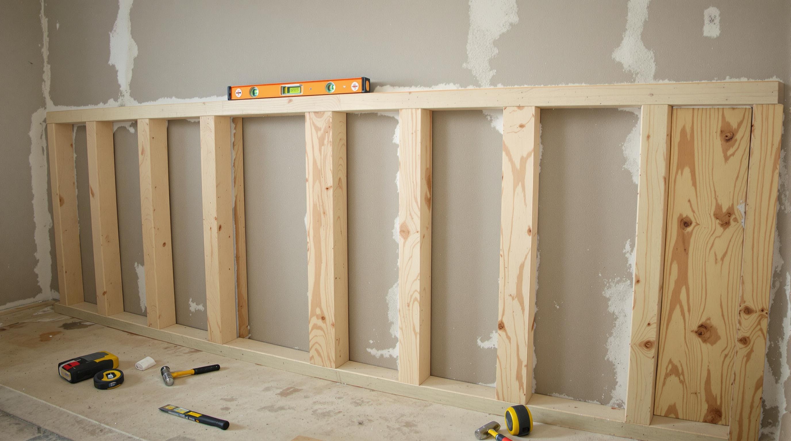 Alignement de tasseaux bois sur cloison placo avec niveau à bulle lors d’un chantier maison