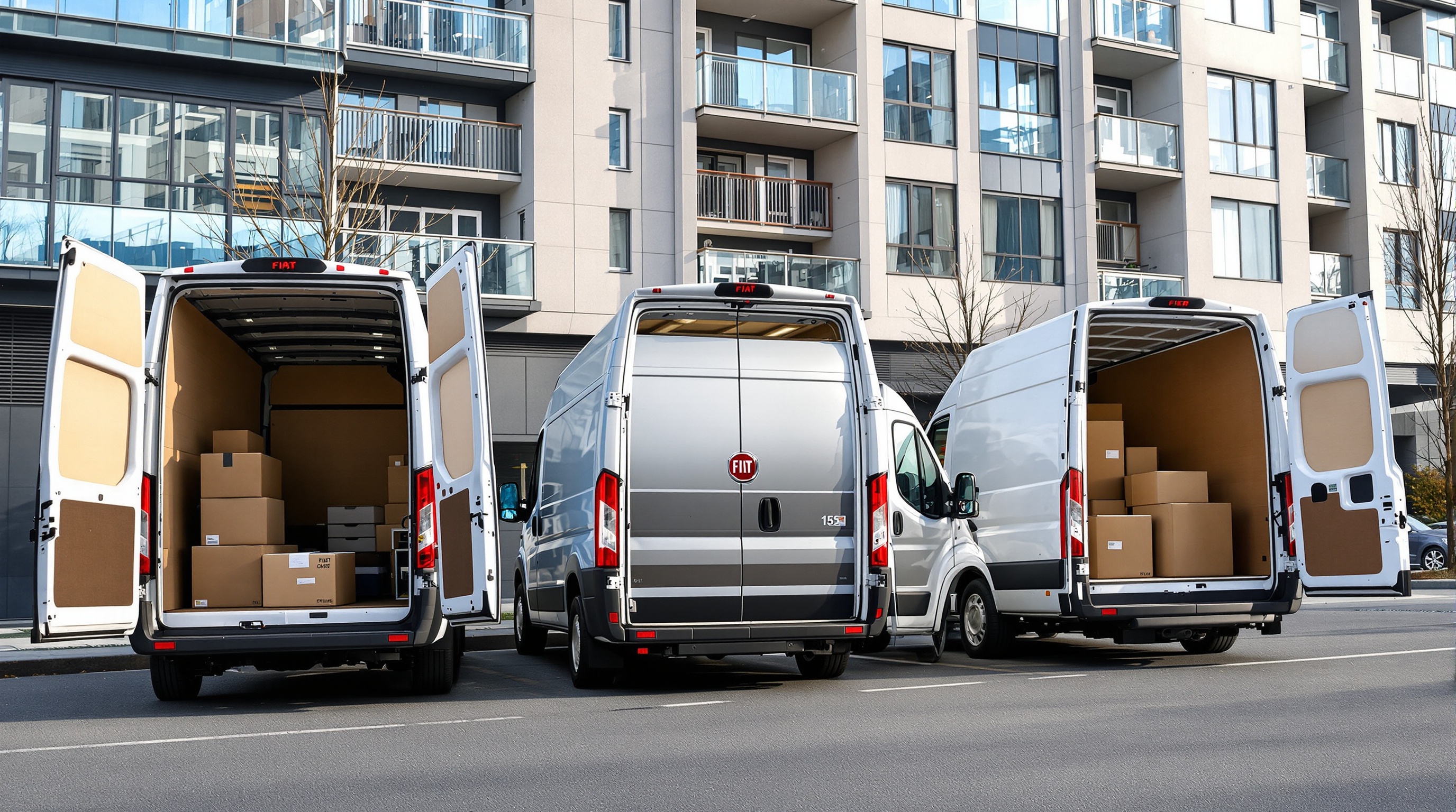 Ford Transit FIAT Scudo Renault Master alignés avec cartons