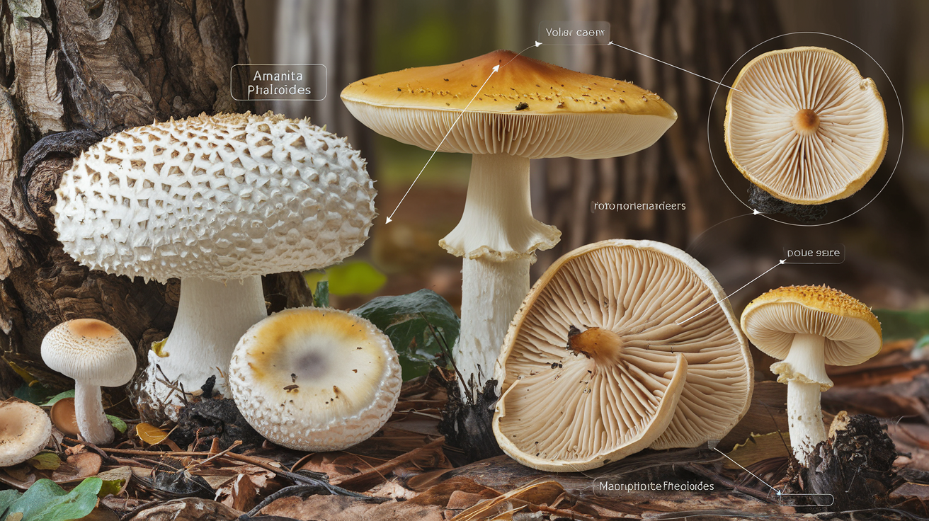 Amanite phalloïde var. alba et classique - illustration pédagogique