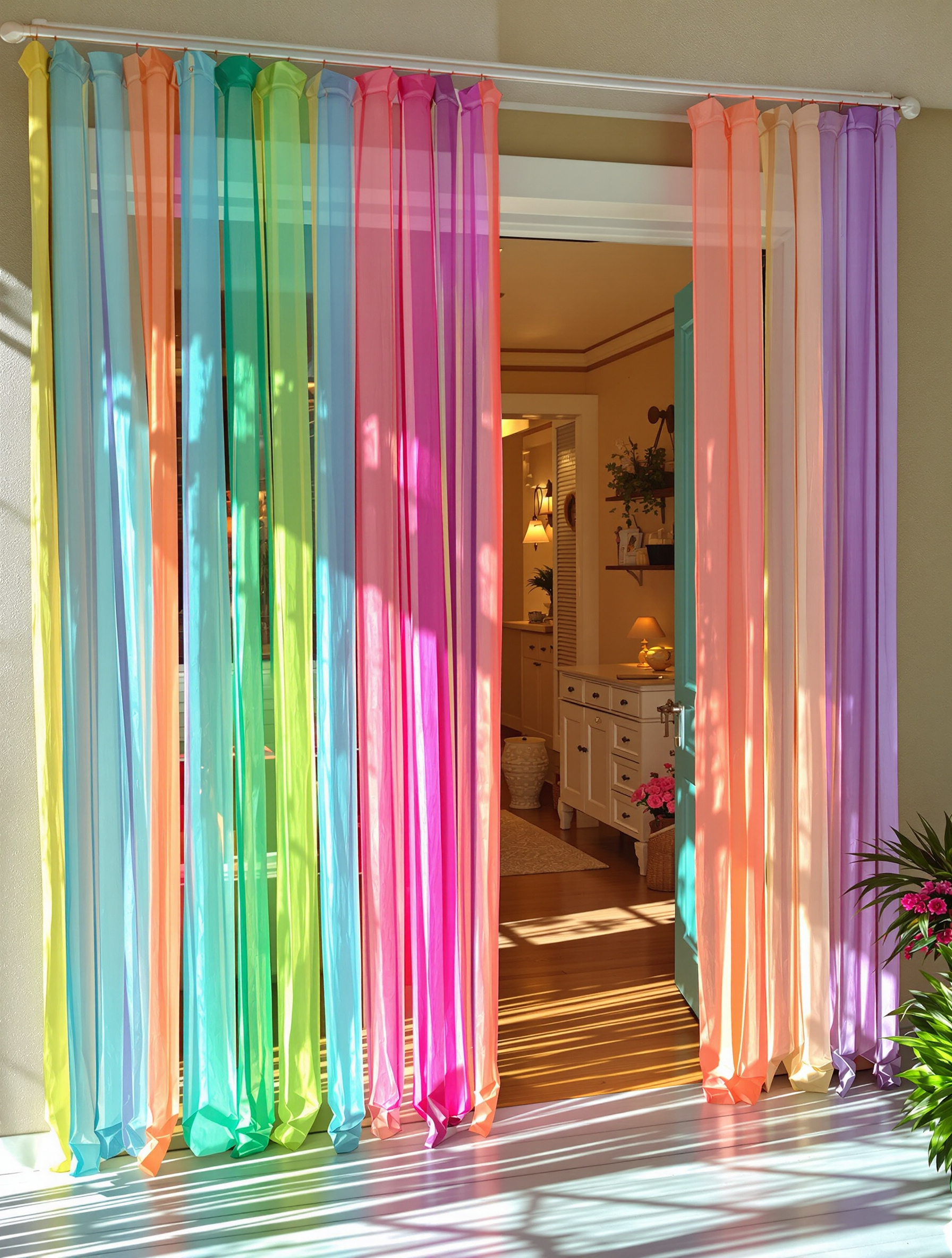 Ambiance estivale sur un porche avec un rideau de porte à lanières colorées style 'Bubble Gum', laissant entrevoir un intérieur chaleureux. La lumière du soleil filtre à travers, créant une atmosphère accueillante et décontractée.