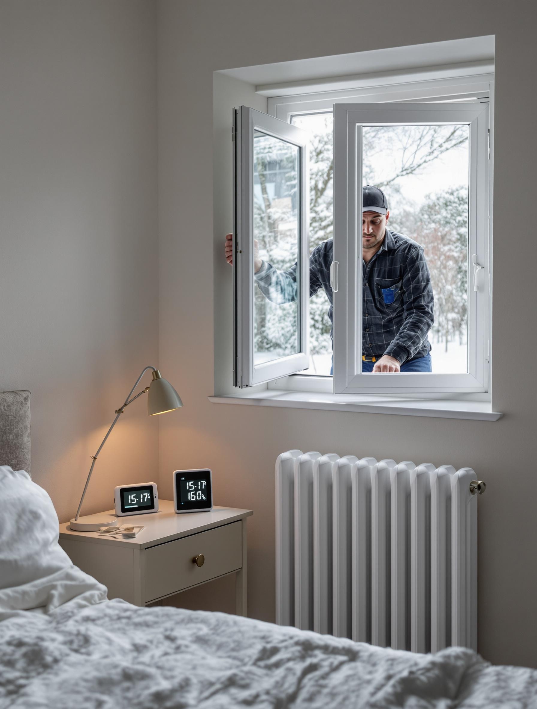 Radiateur réglé à 16°C et hygromètre dans chambre hivernale