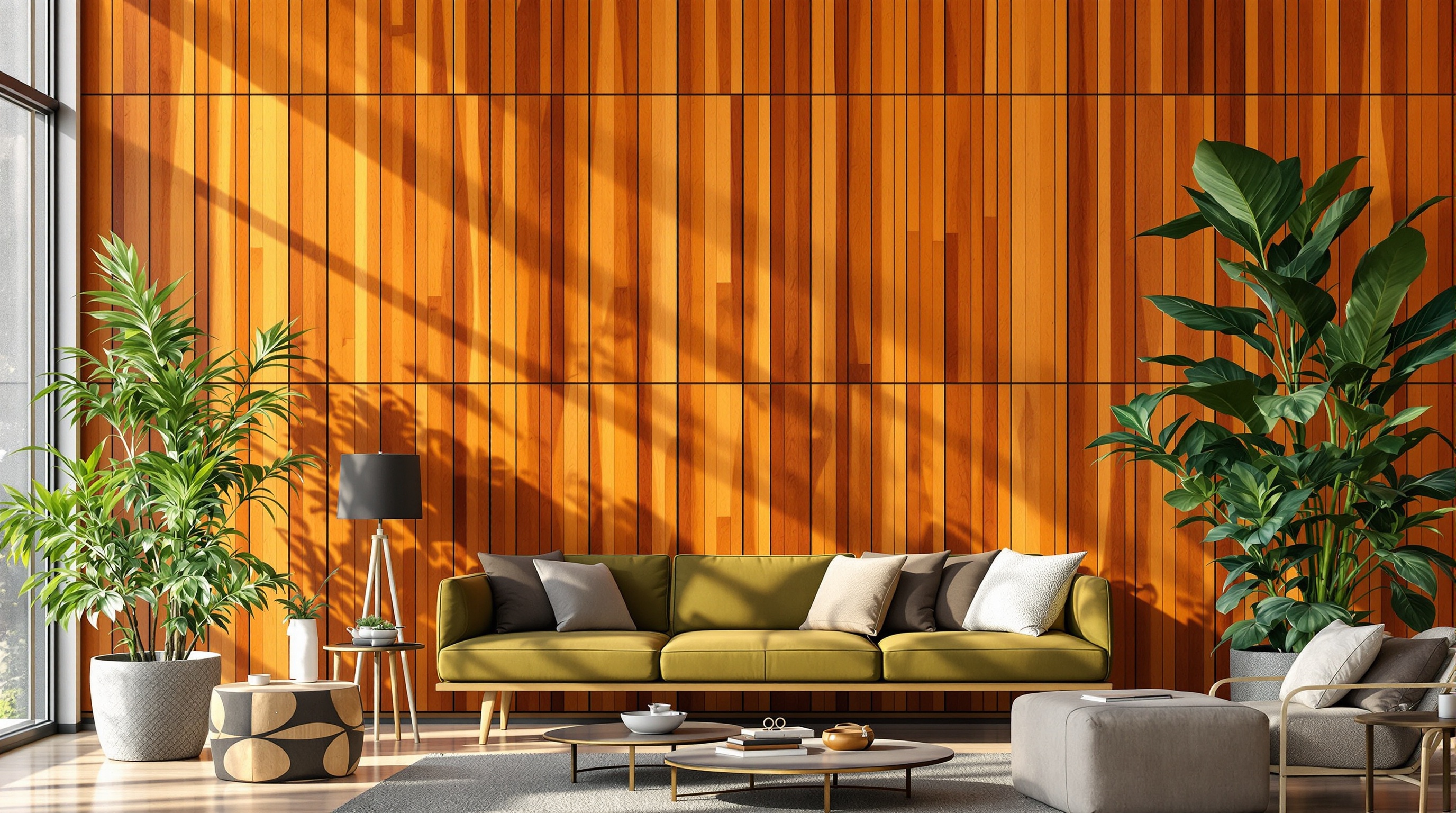Nuances chaudes et variées du cèdre rouge appliquées en décoration murale intérieure, mélange terre de Sienne à ambre doré, styles moderne et vintage