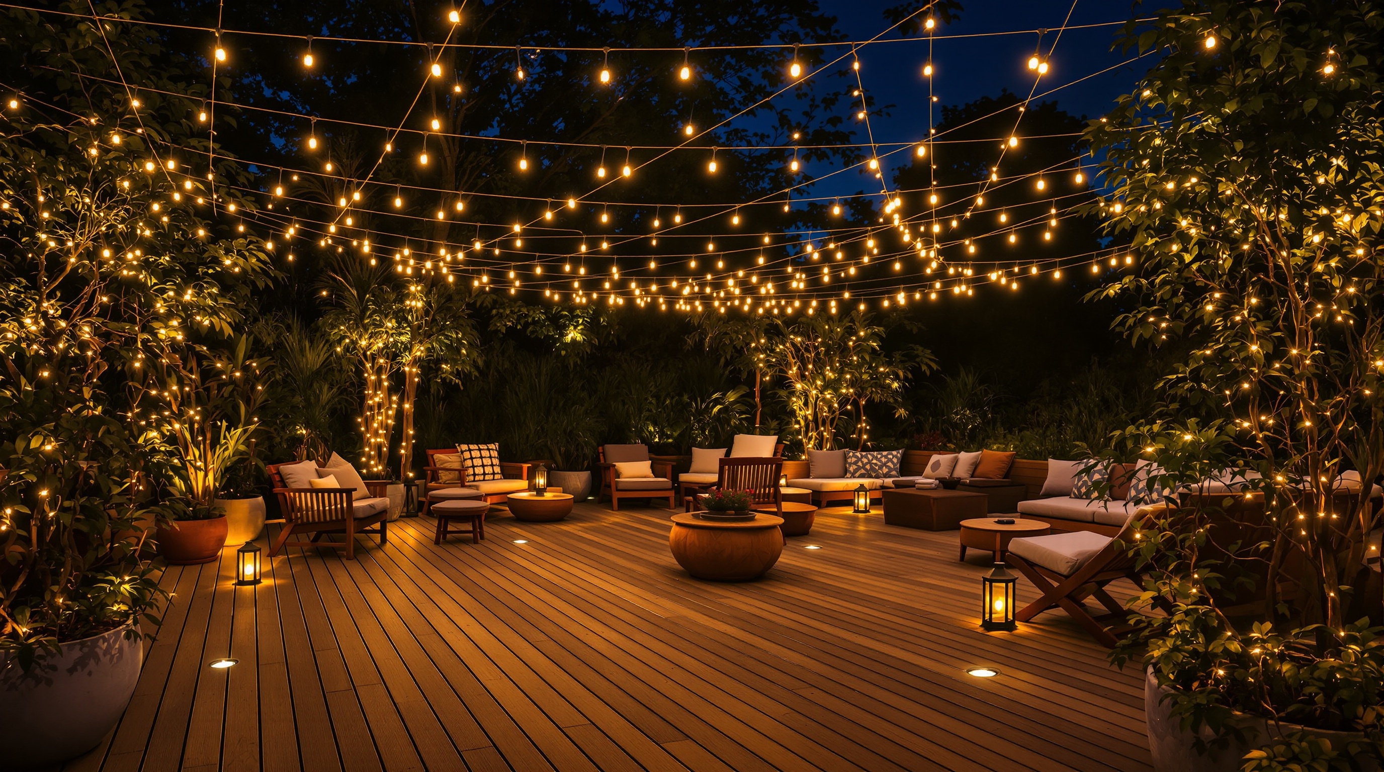 Ambiance nocturne terrasse bois guirlande spot lanterne