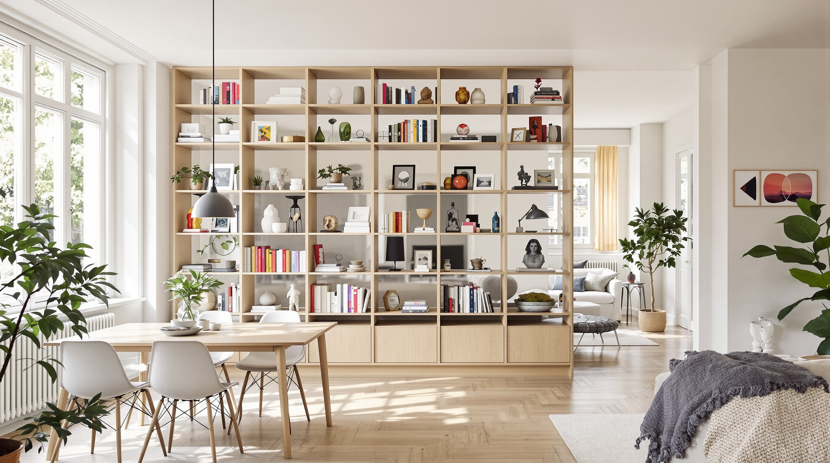 aménagement traversant bibliothèque basse séparation coin repas salon