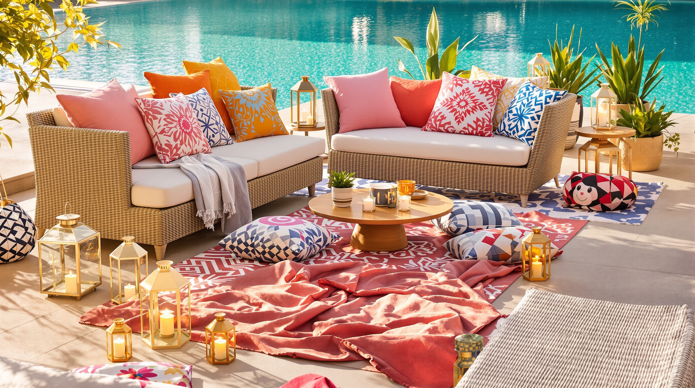 Aménagement piscine avec styles mélangés – salon résine tressée et transats aluminium