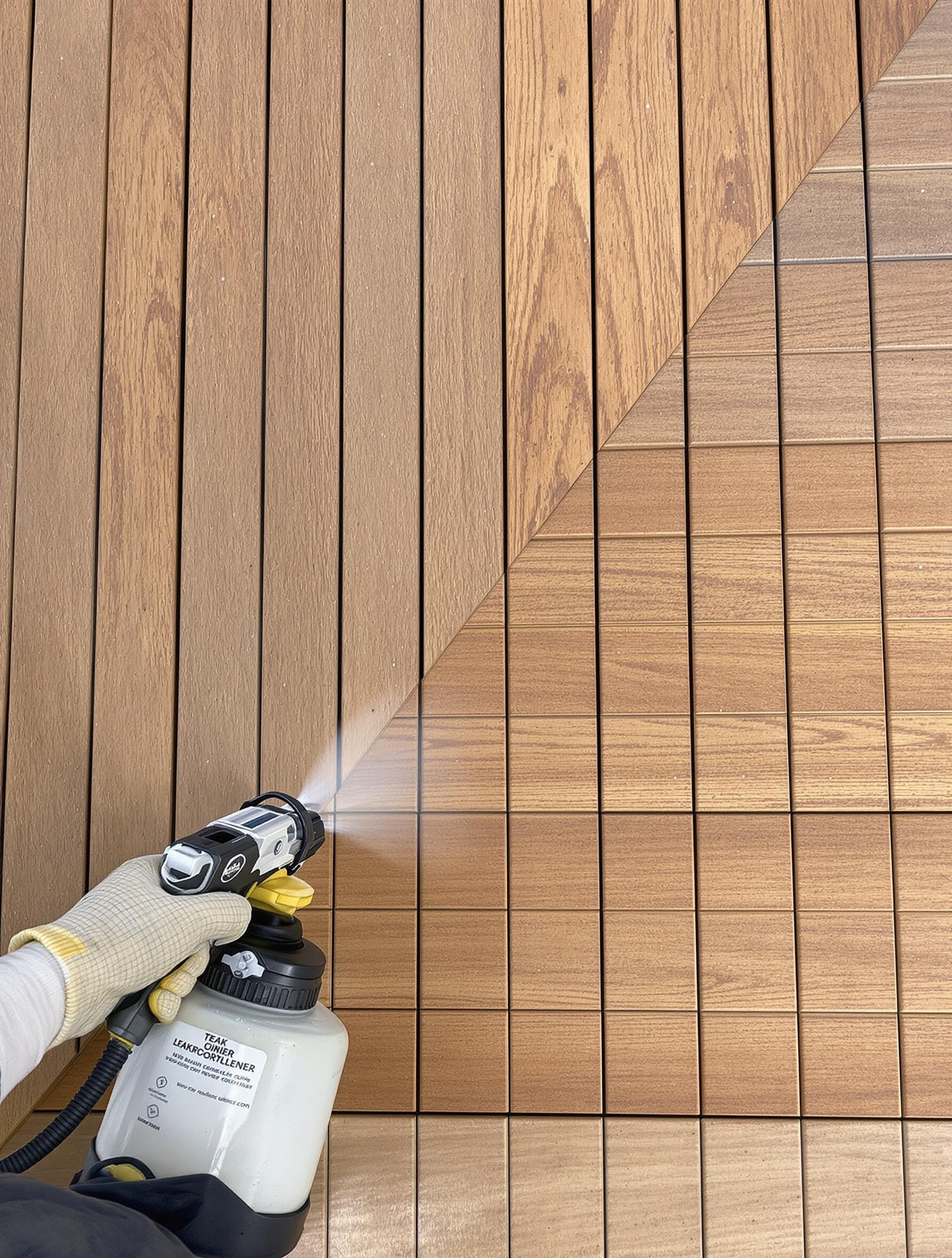 Un professionnel appliquant un dégriseur sur une terrasse en teck avec un pulvérisateur