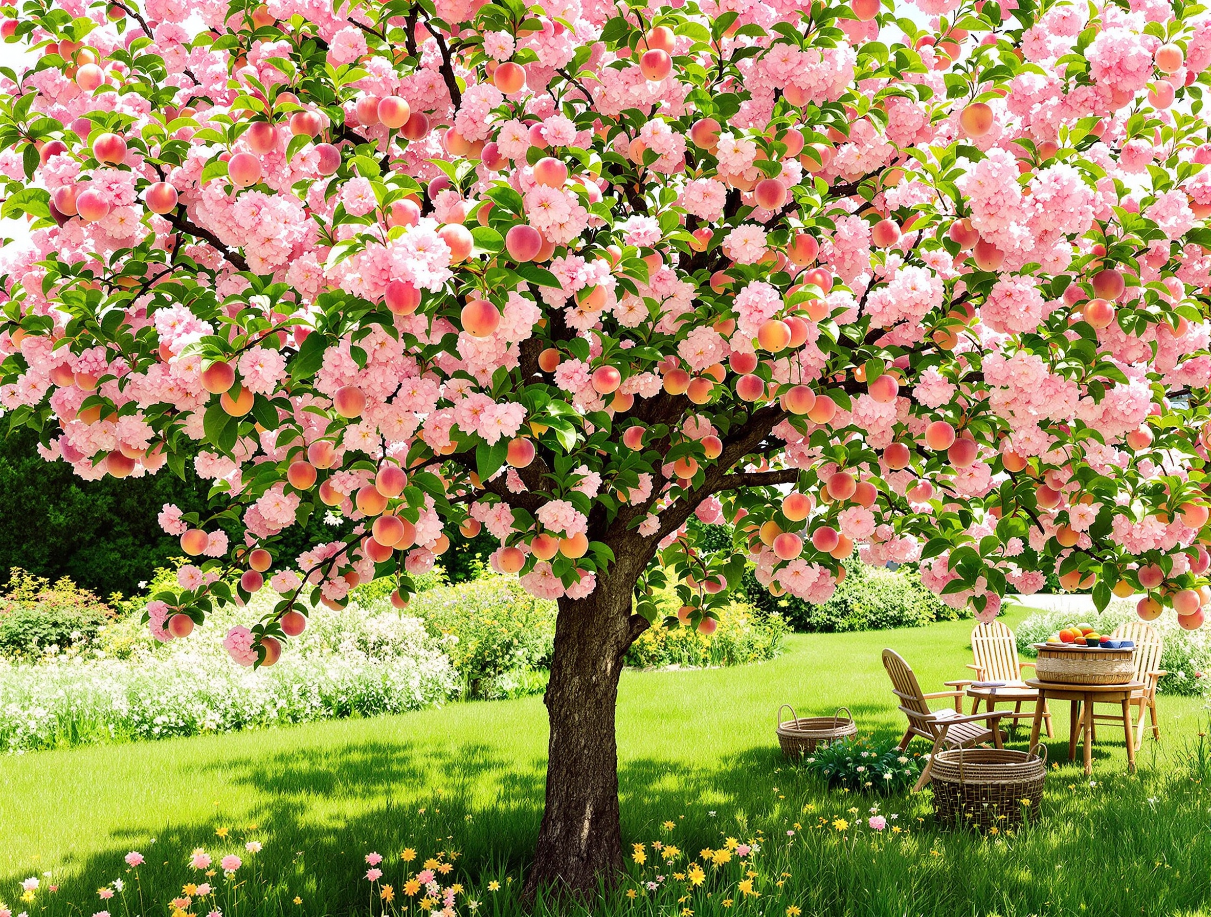 Variétés de pêchers Andromède® en fleurs et en fruits