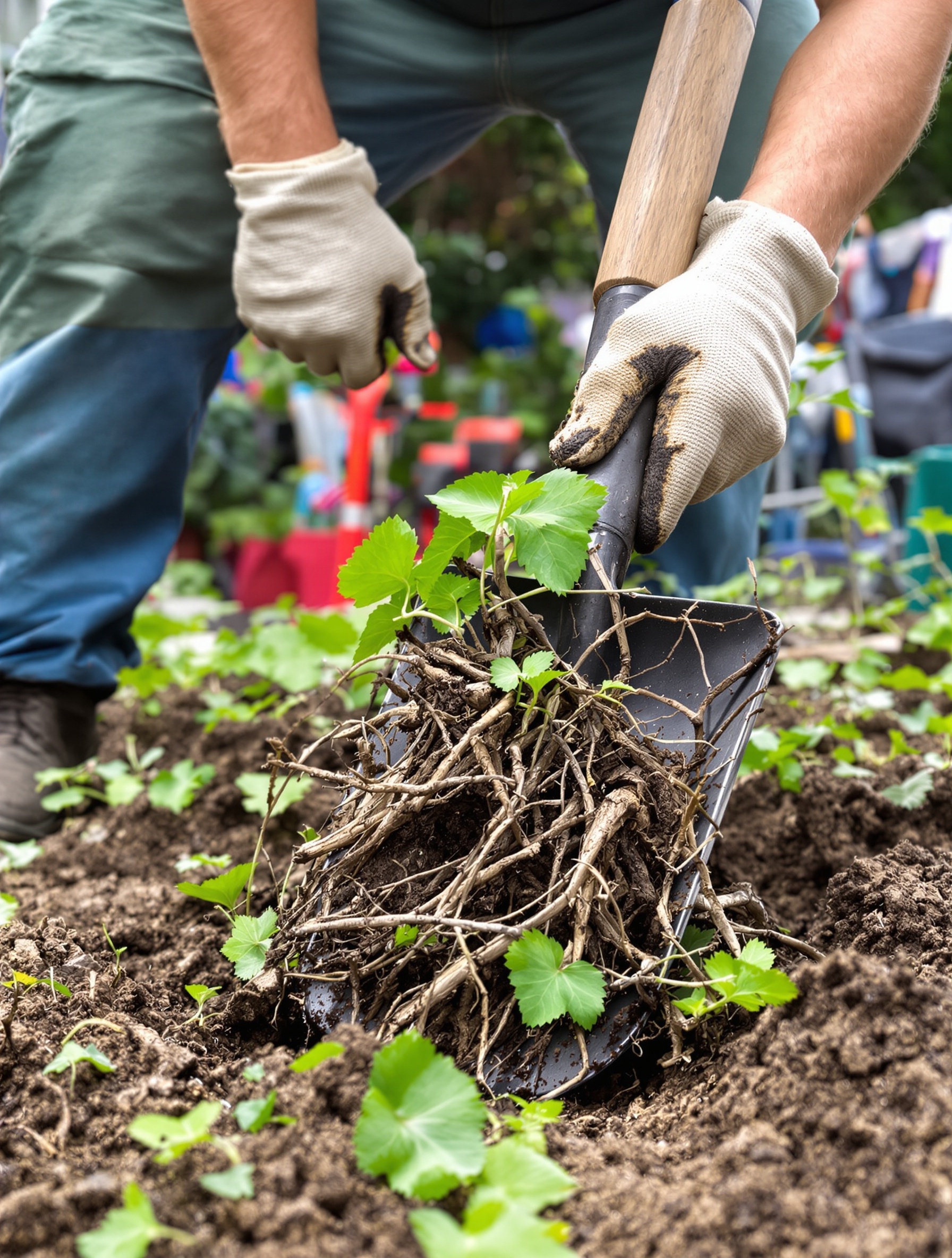 Arrachage des racines de lierre tenaces avec bêche