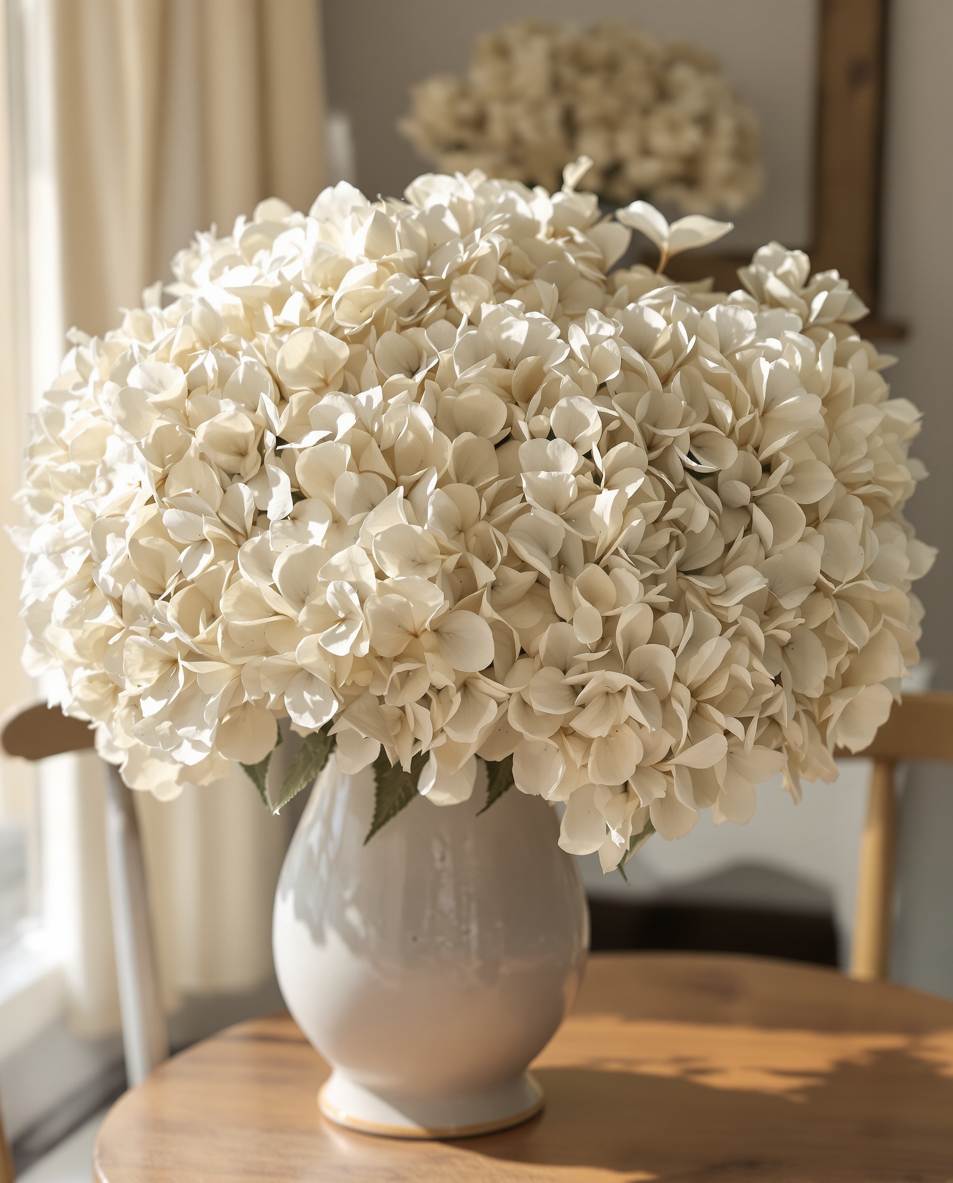 Arrangement décoratif d'inflorescences d'hortensias séchées, mettant en valeur leur beauté durable et leur potentiel en décoration intérieure.