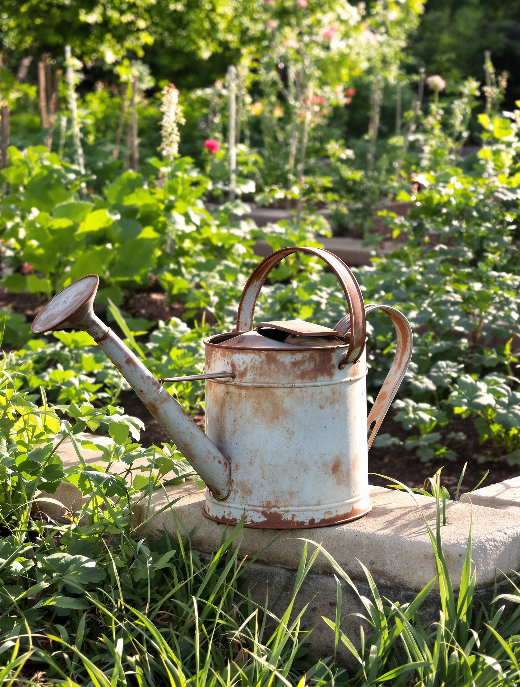 Un arrosoir vintage en métal posé sur une bordure de potager traditionnel