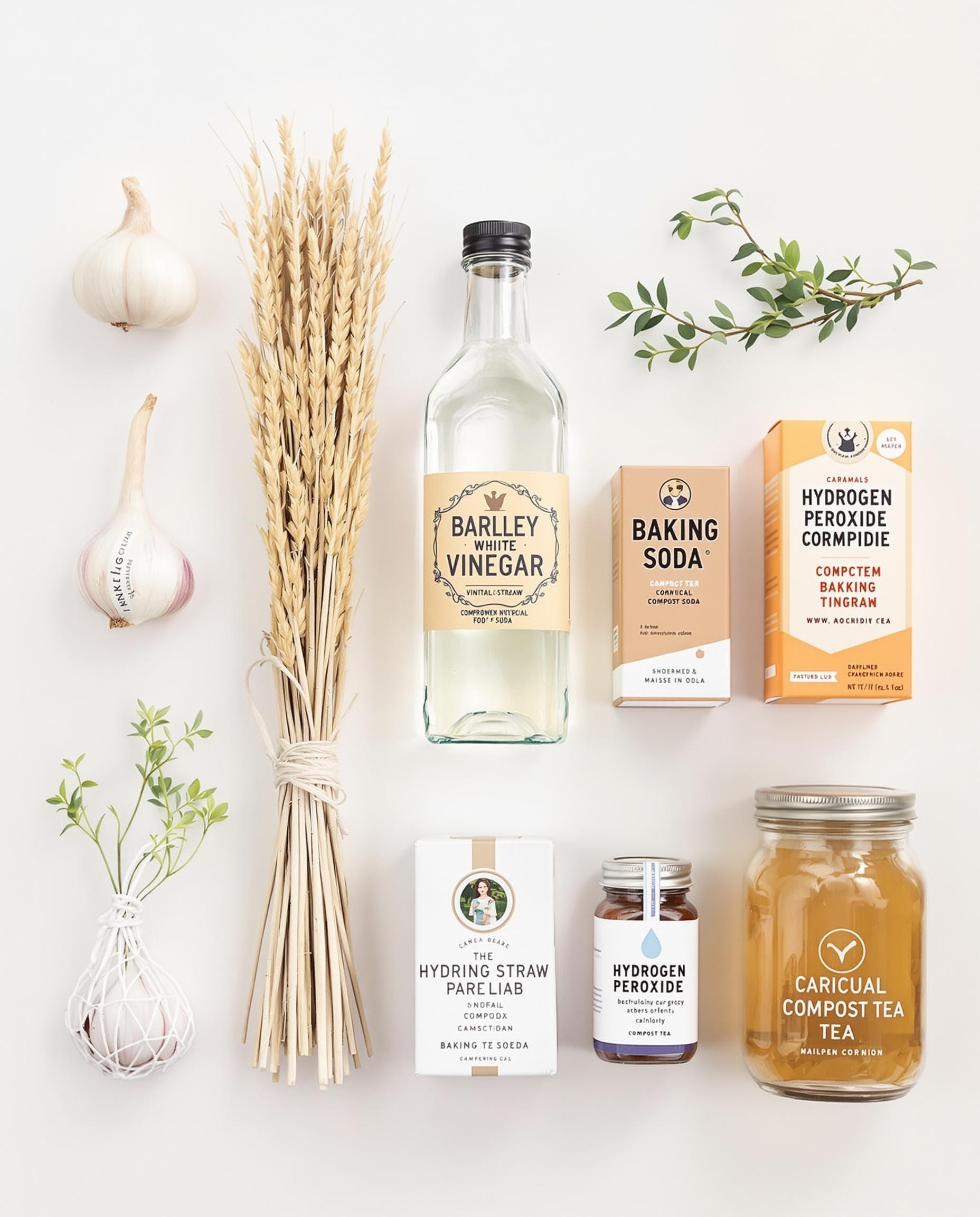 Arsenal naturel anti-algues : ail, paille d'orge, vinaigre blanc, bicarbonate de soude, peroxyde d'hydrogène et thé de compost.