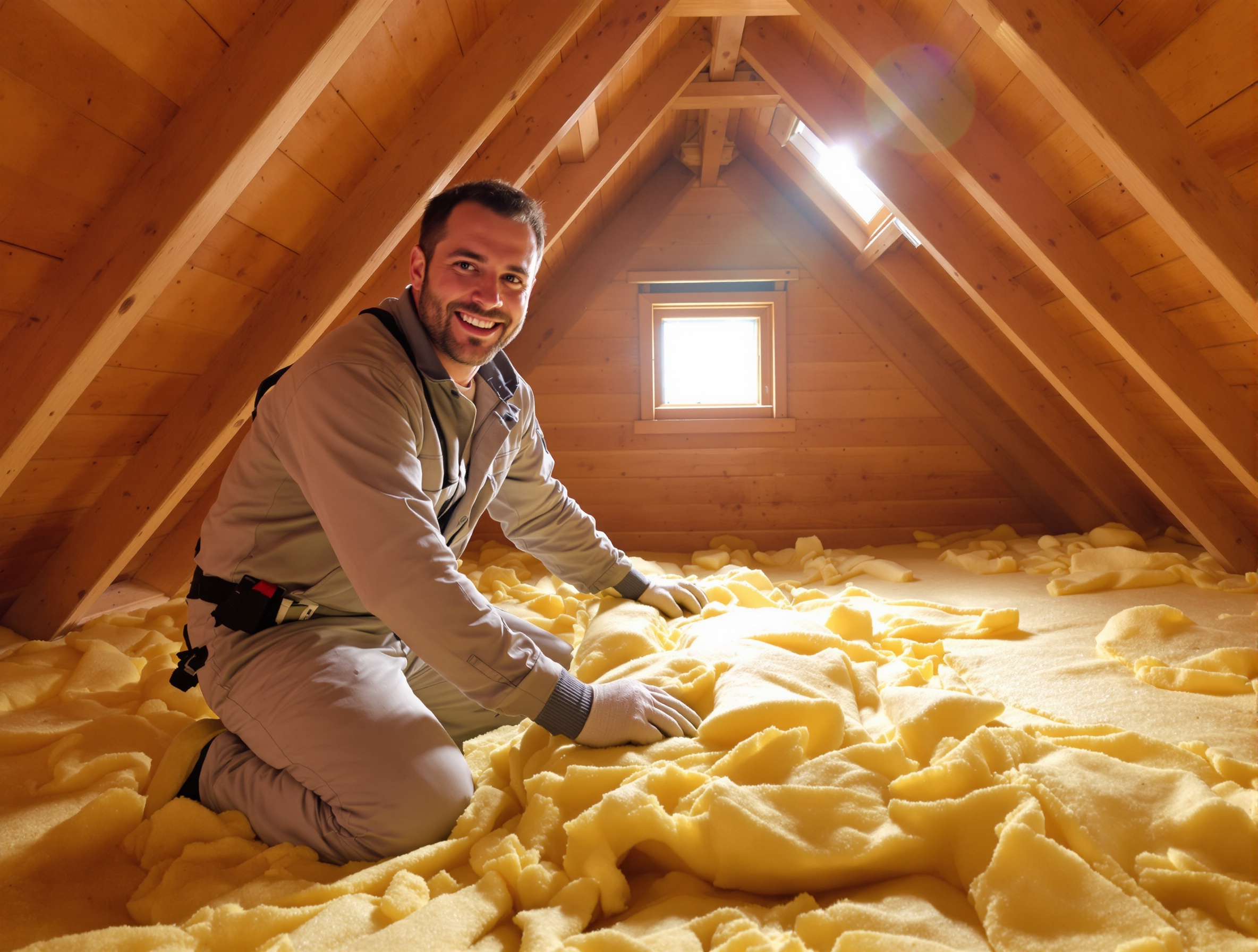 Artisan posant de l'isolant dans un grenier avec bonne humeur