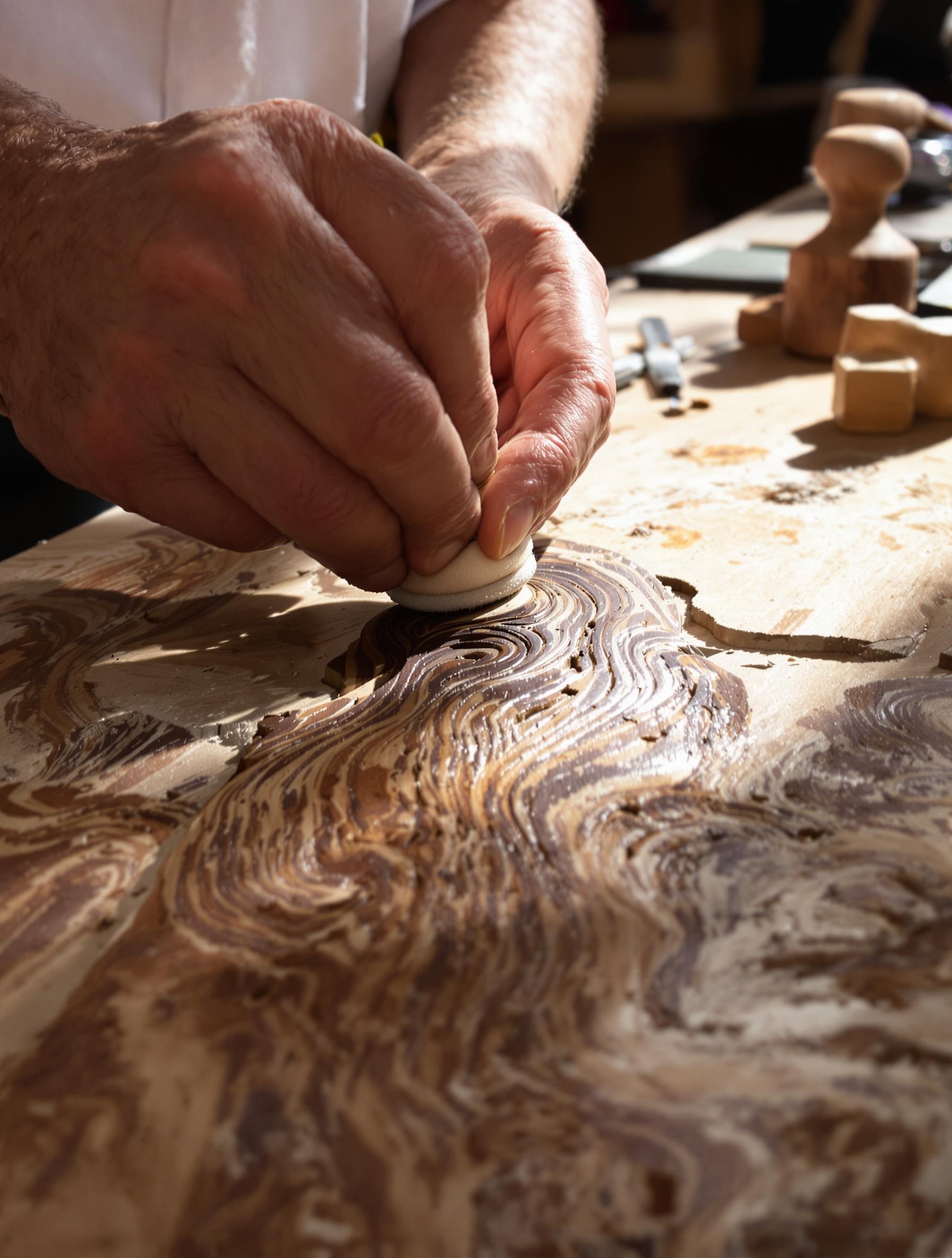 Artisan polissant un pendentif sculpté dans le bois de Delonix regia