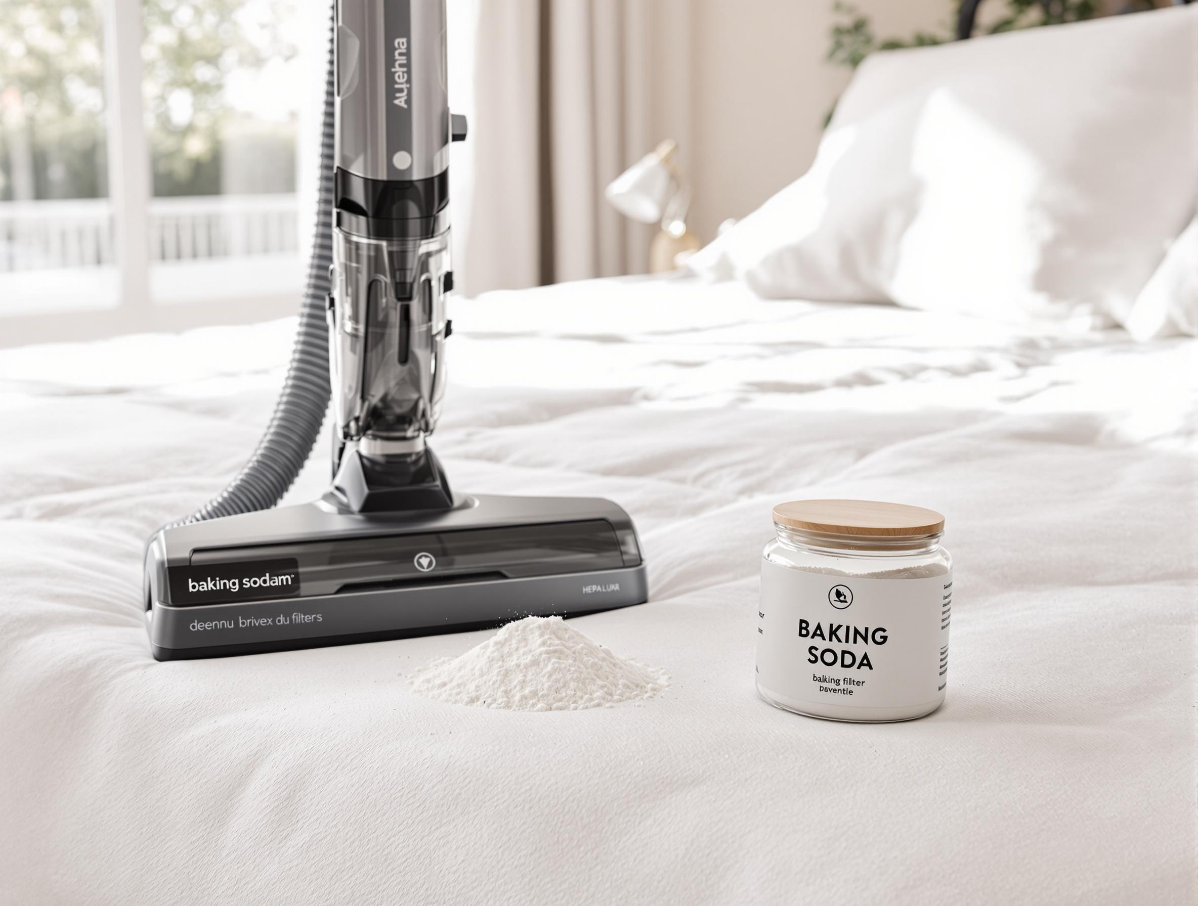 Aspirateur HEPA et pot de bicarbonate sur matelas