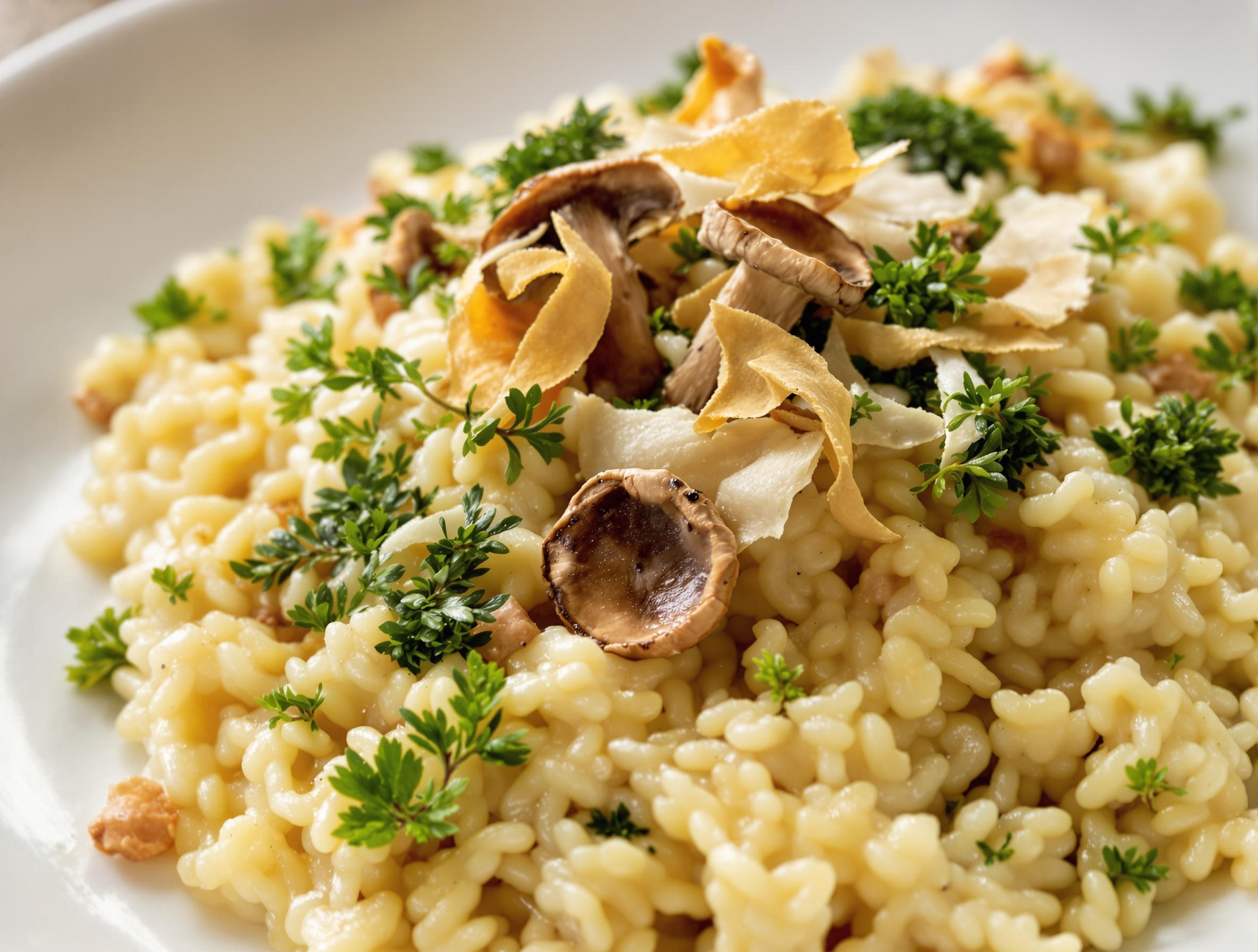 Risotto crémeux garni de Sparassis crispa, décoré de mousse forestière.