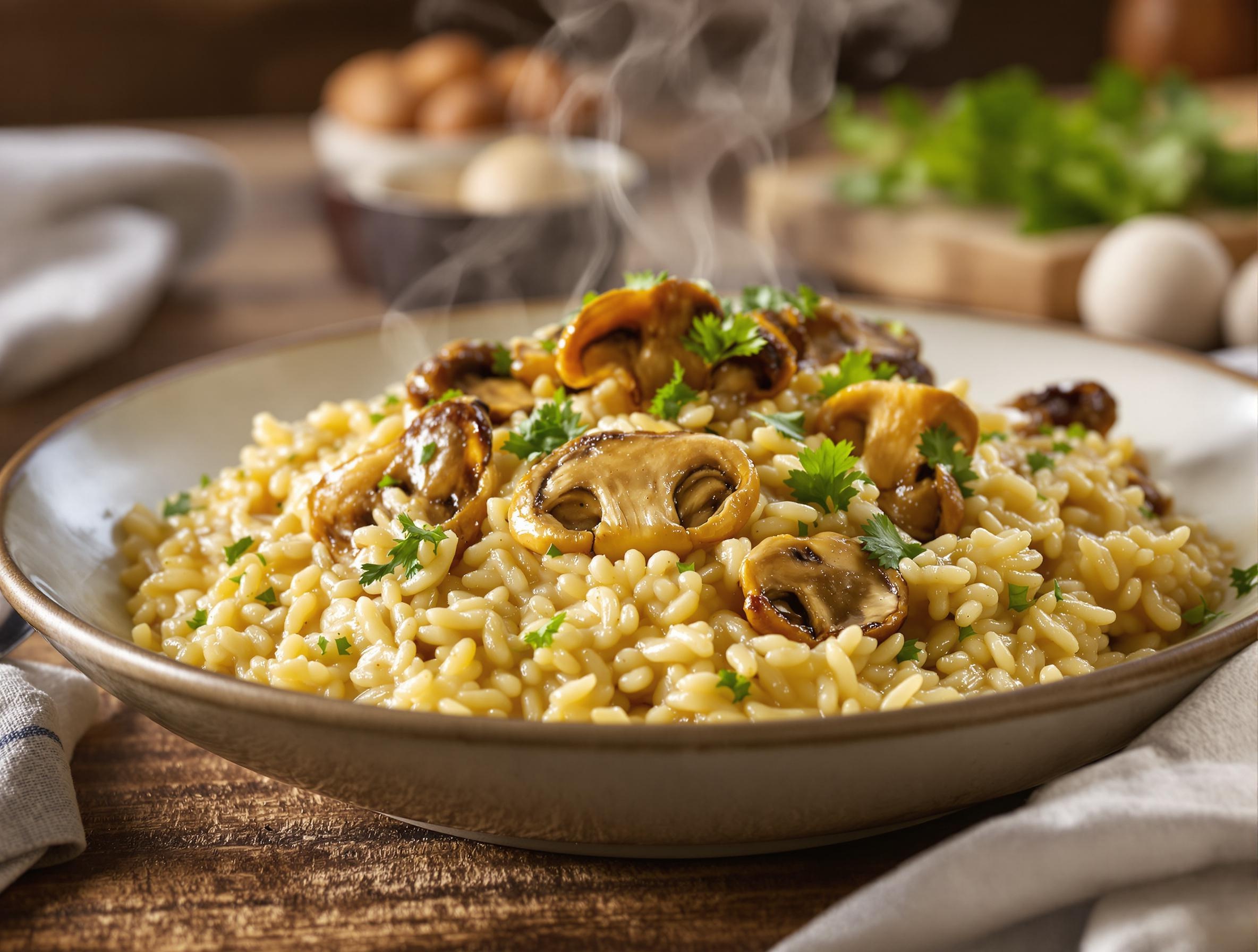 Assiette de risotto fumant aux girolles, posée sur une table rustique. Le riz est crémeux, parsemé de morceaux dorés de girolles fraîches et surmonté de persil plat haché.