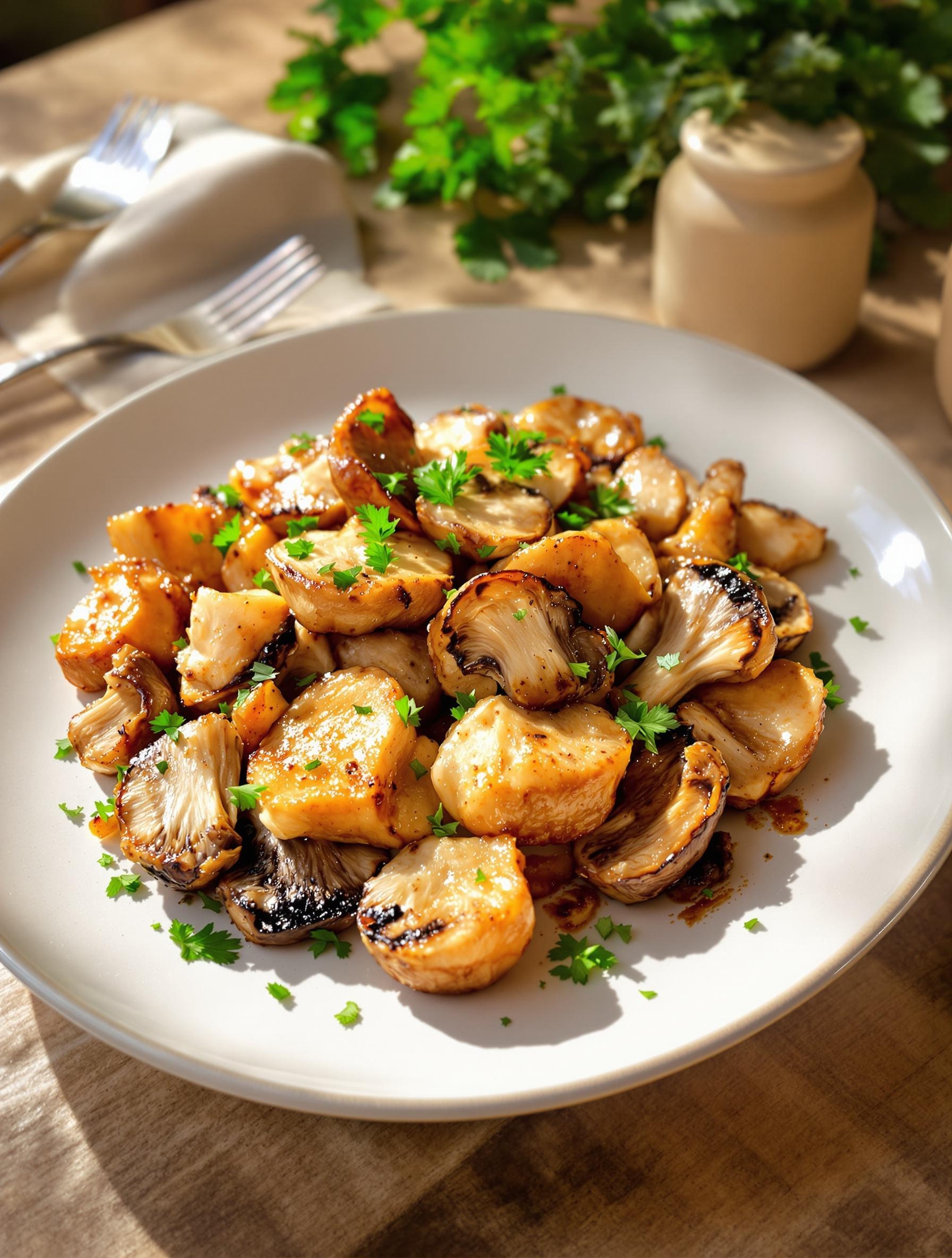 Morceaux de Russula virescens sautés, dorés et garnis de persil.