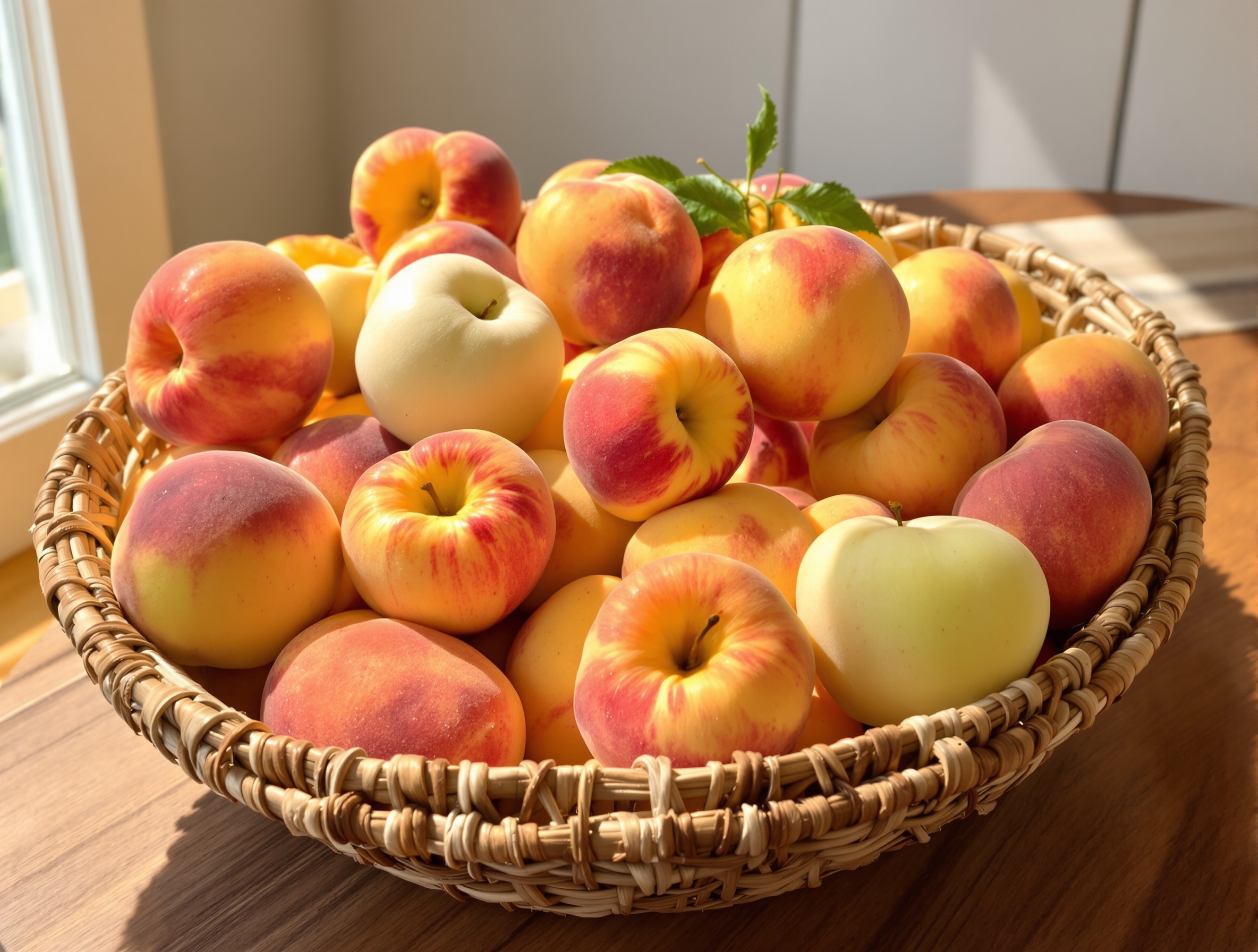 Assortiment varié : pêches blanches, jaunes, plates Saturne®, nectarines et brugnons dans panier rustique