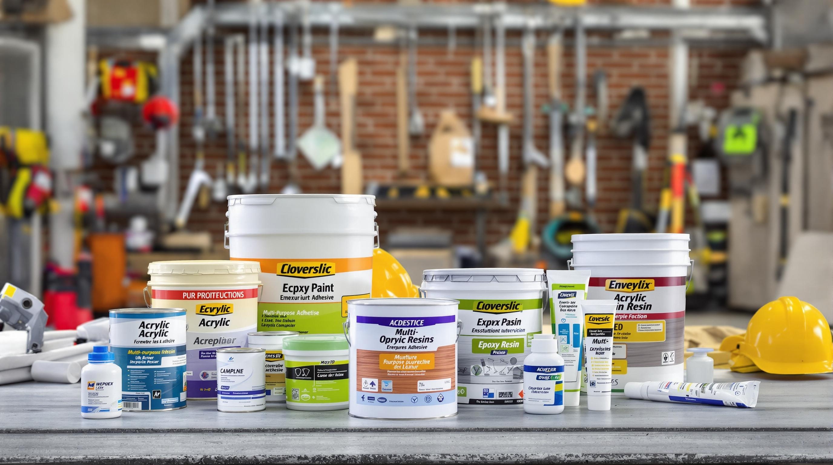 Assortiment de peintures, colles et résines pour le bâtiment