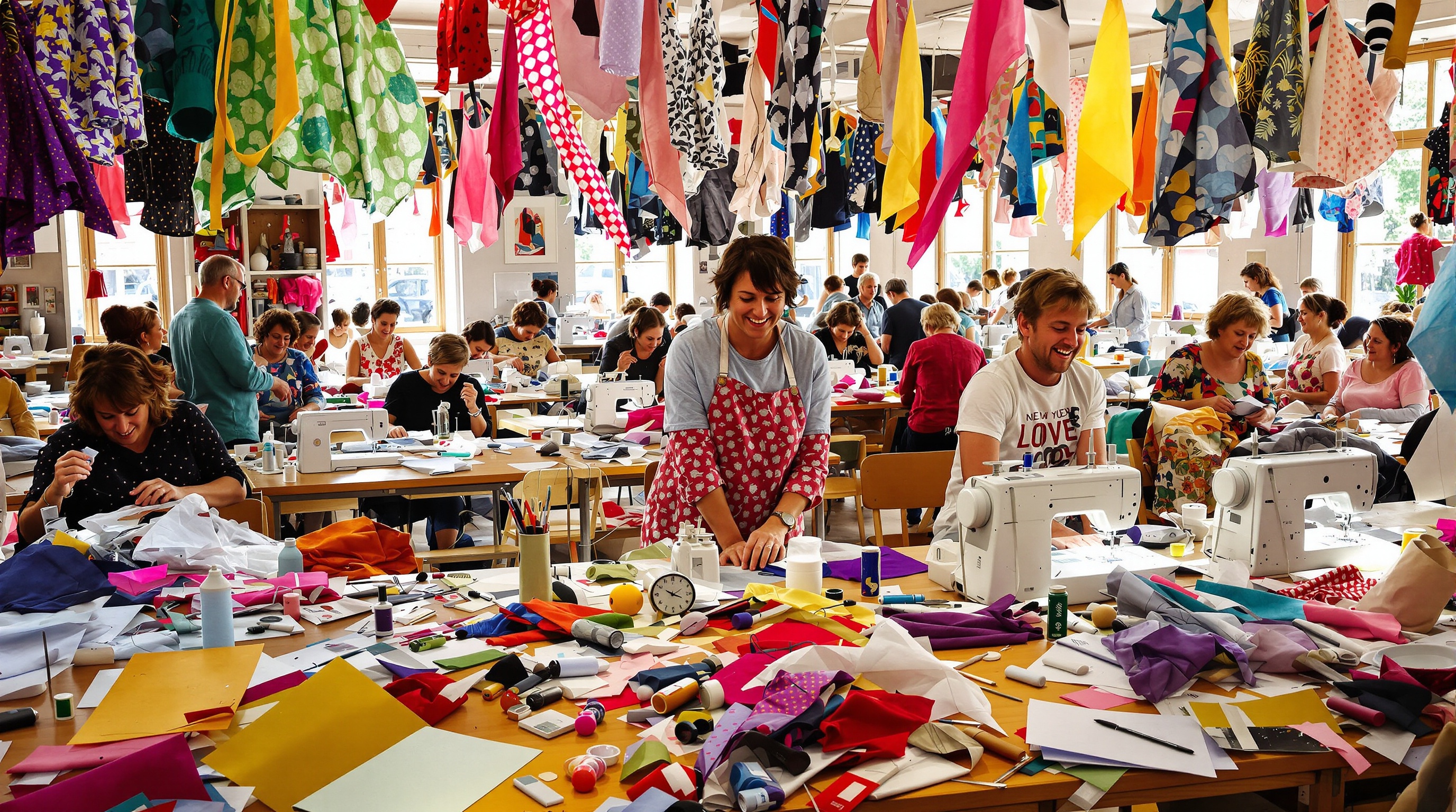 Atelier couture Toulouse joyeusement bordélique avec machines, tissus et ambiance conviviale