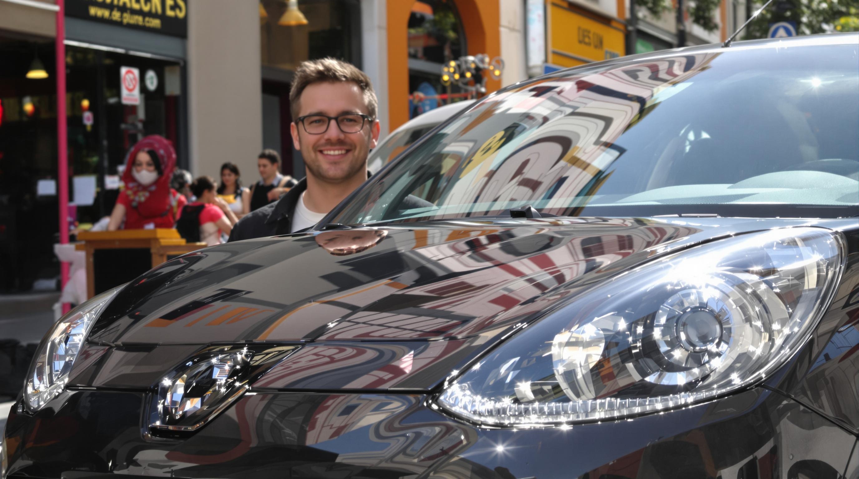 automobiliste souriant devant voiture aux phares ultra-transparents