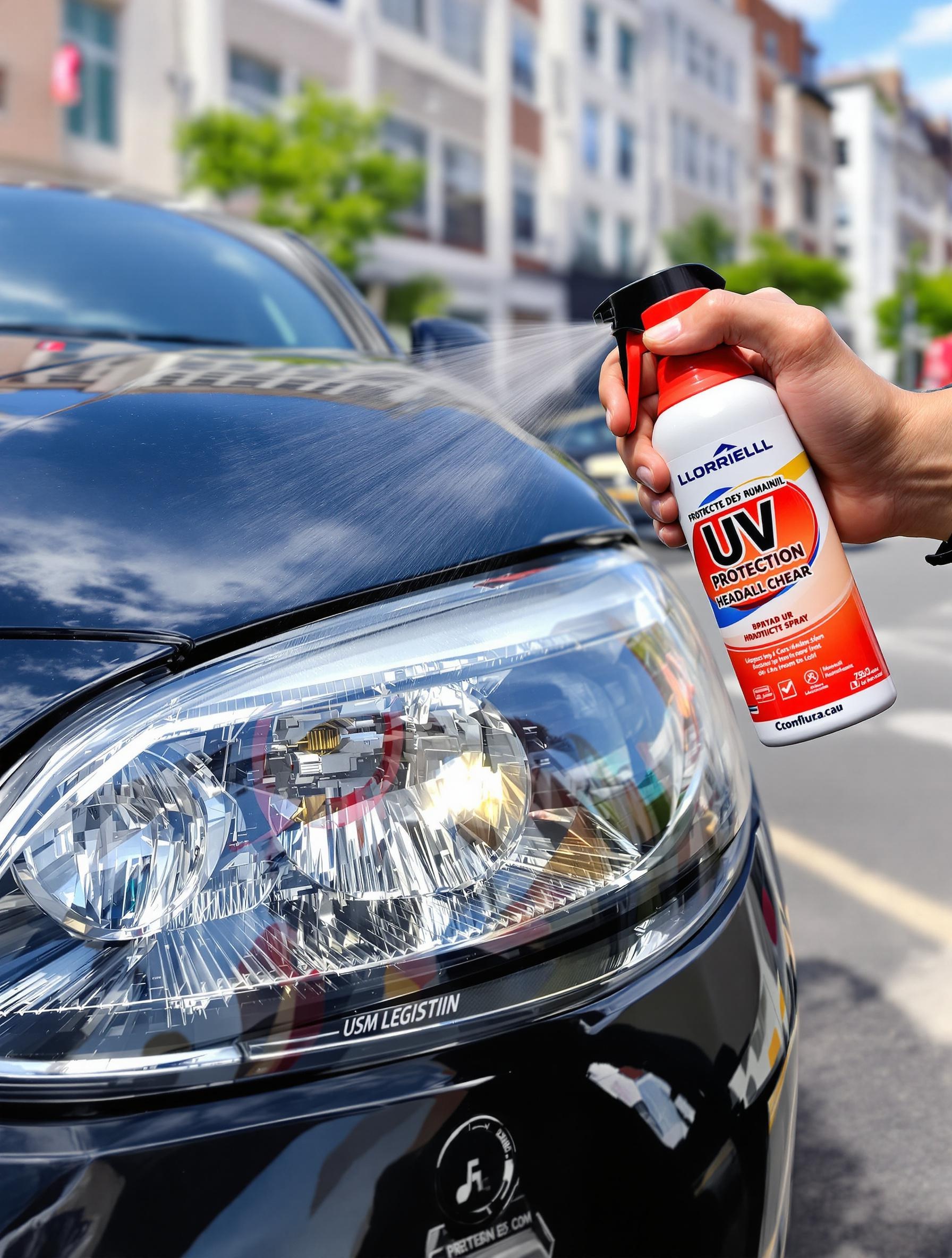 automobiliste appliquant un spray anti UV sur phare voiture