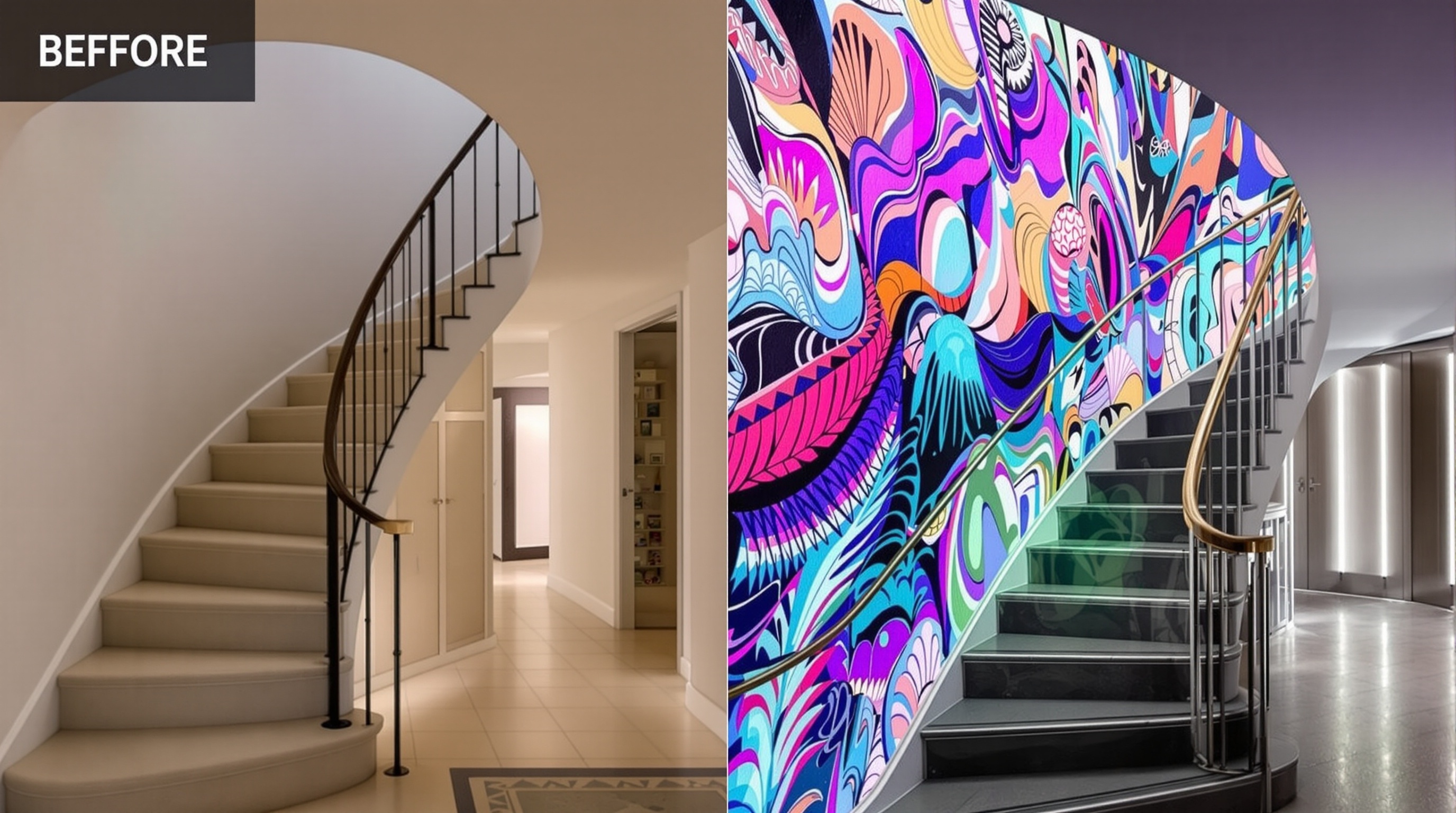 Avant/après spectaculaire d'une cage d'escalier transformée par un papier peint panoramique