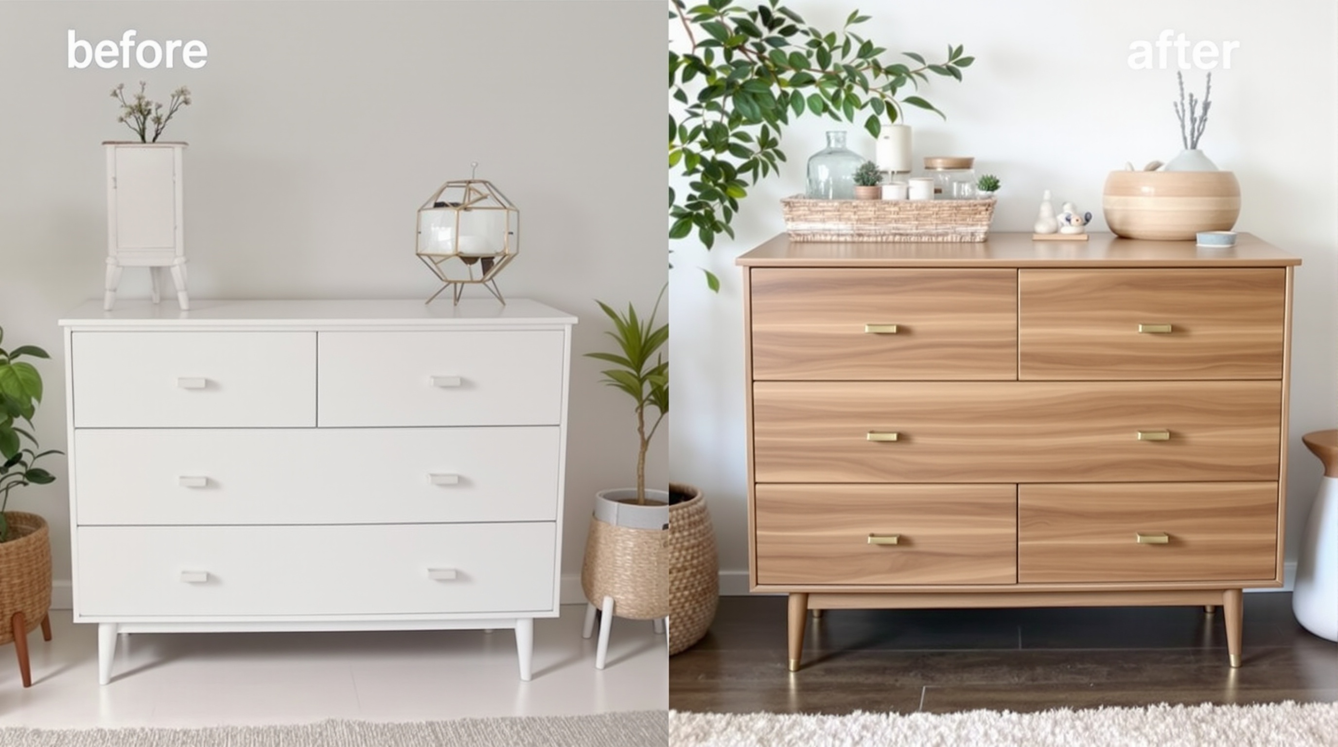 Avant/après relooking commode DIY vintage adhésif noyer