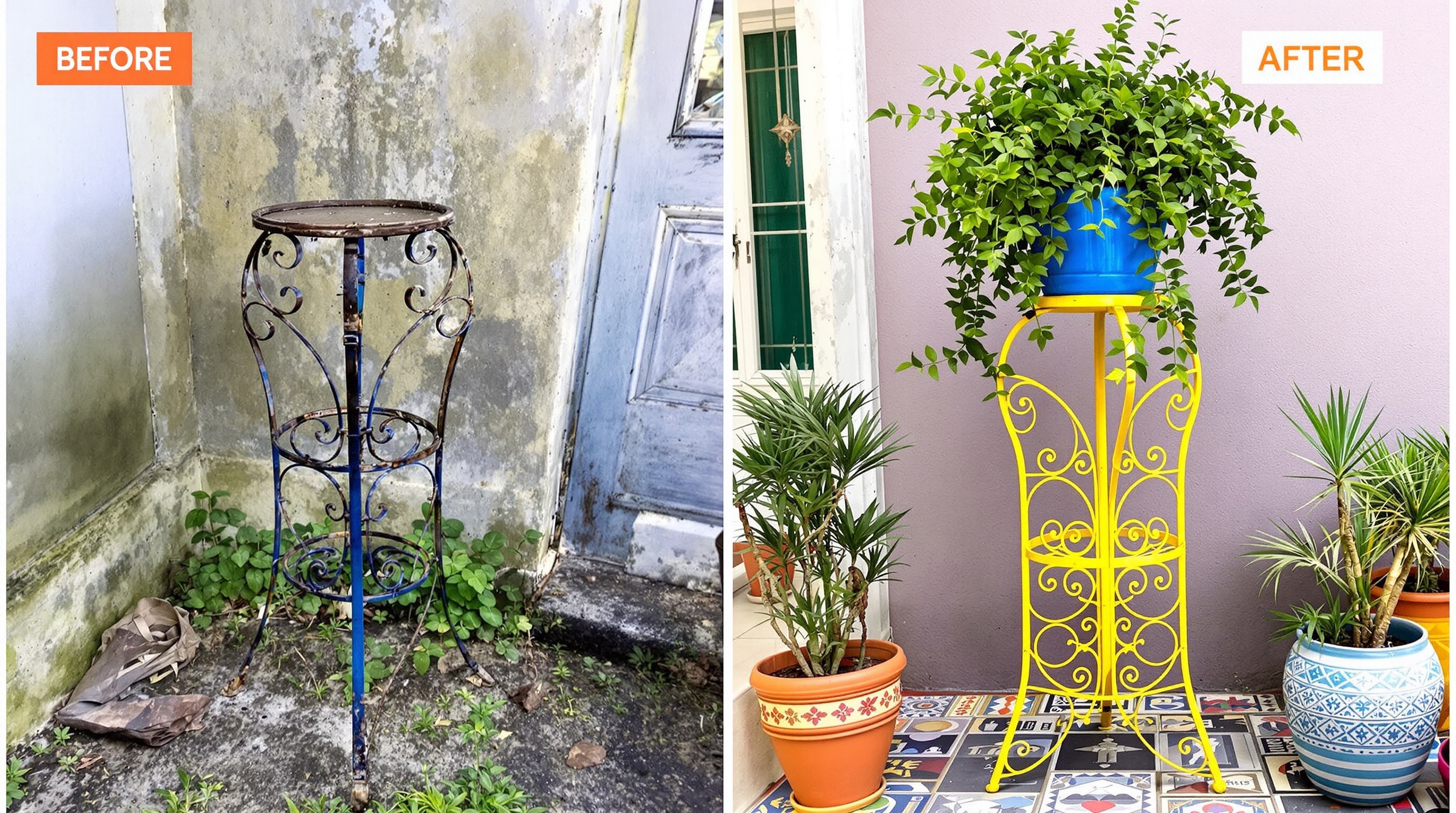 avant/après rénovation support plante fer forgé couleur vive