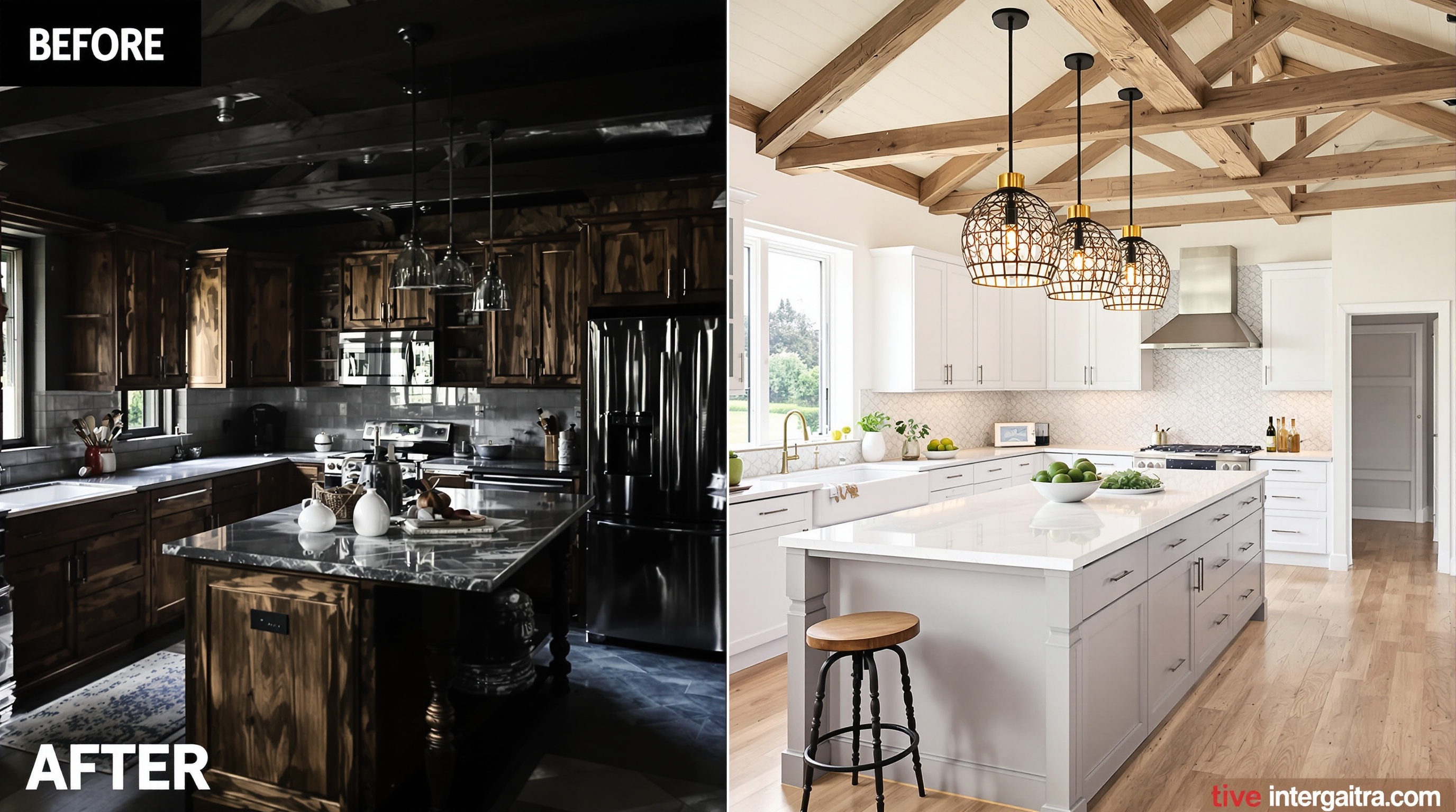 Cuisine avant-après transformation : rustique sombre vers moderne lumineuse avec îlot central