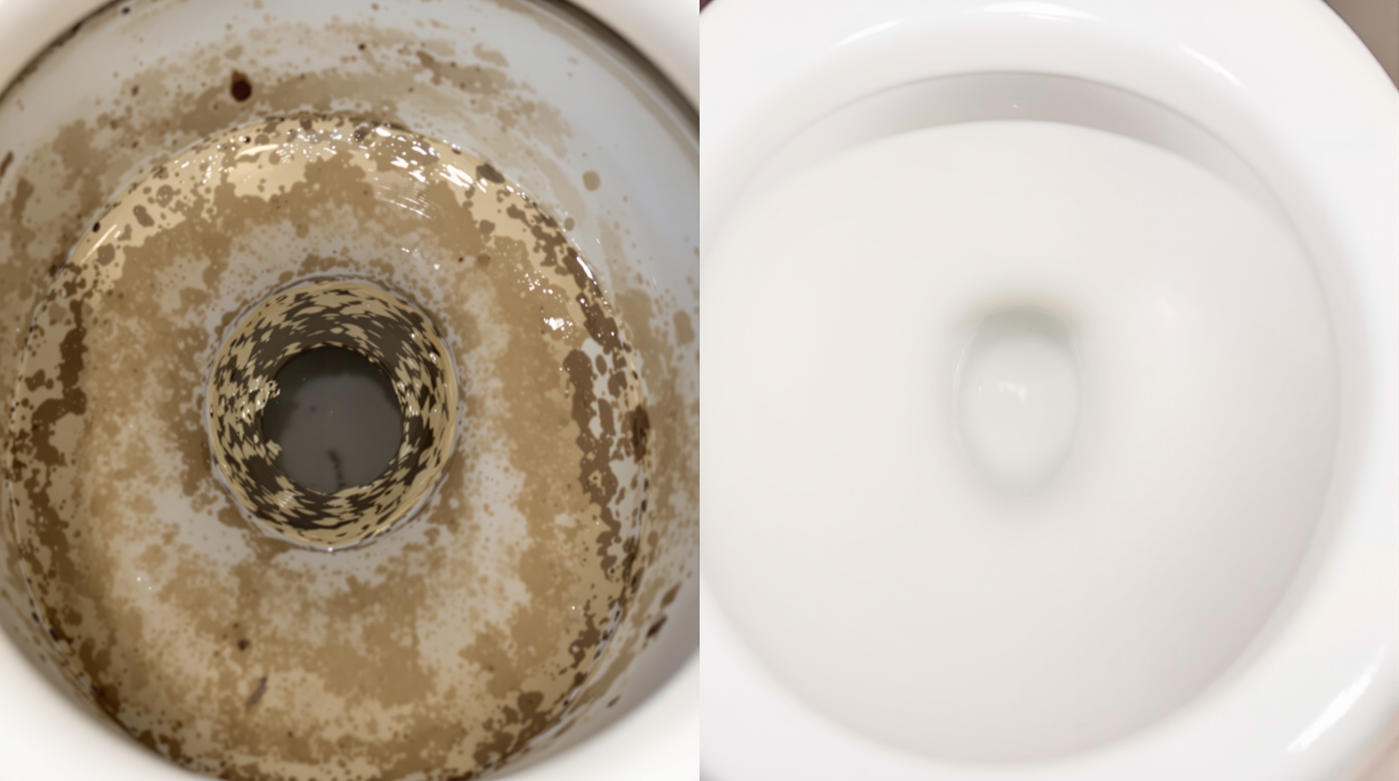 Avant/après traitement extrême du tartre WC : à gauche un fond noirci et incrusté de dépôts épais ; à droite la même cuvette rendue impeccable.