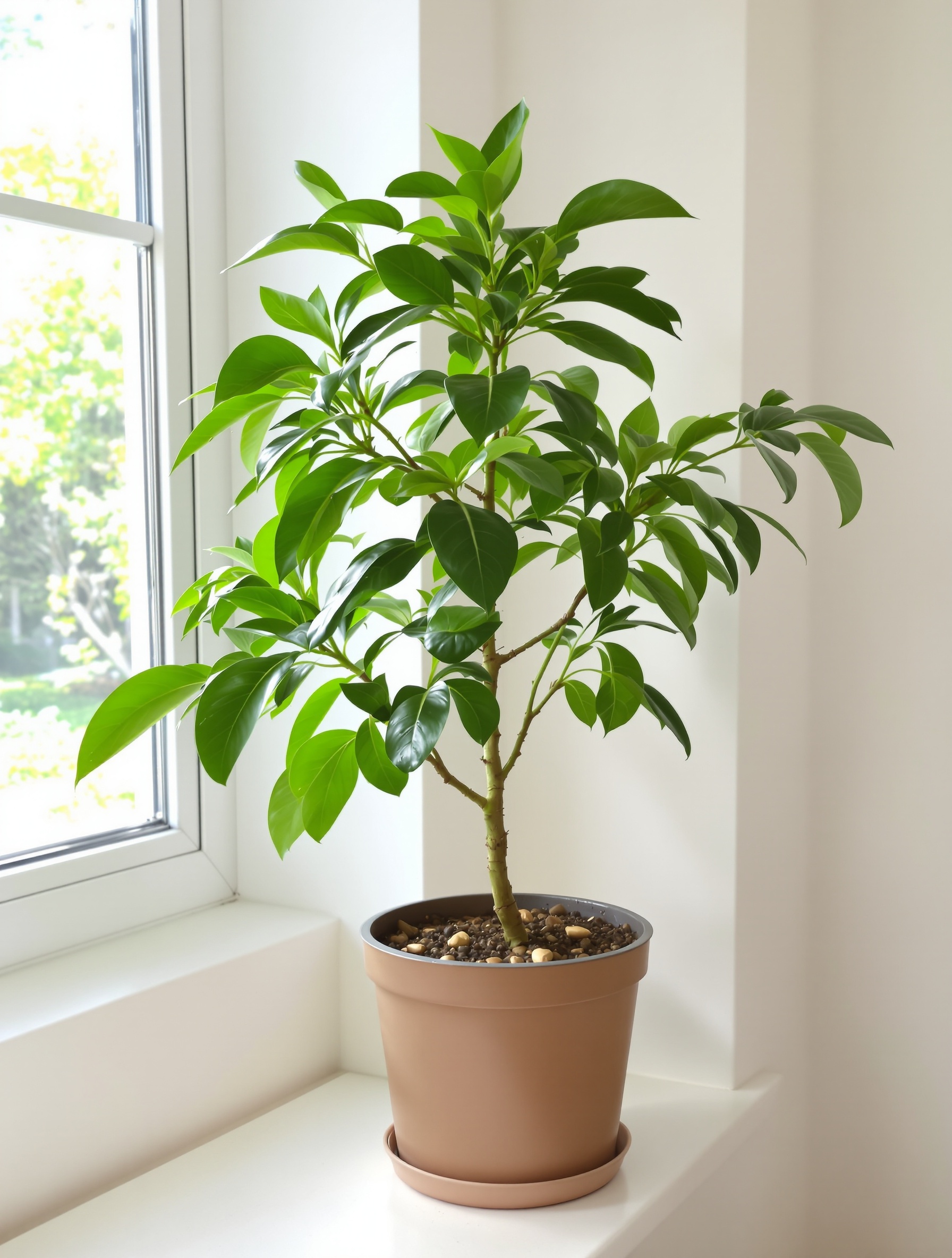 Jeune avocatier en pot sain touffu près fenêtre lumière