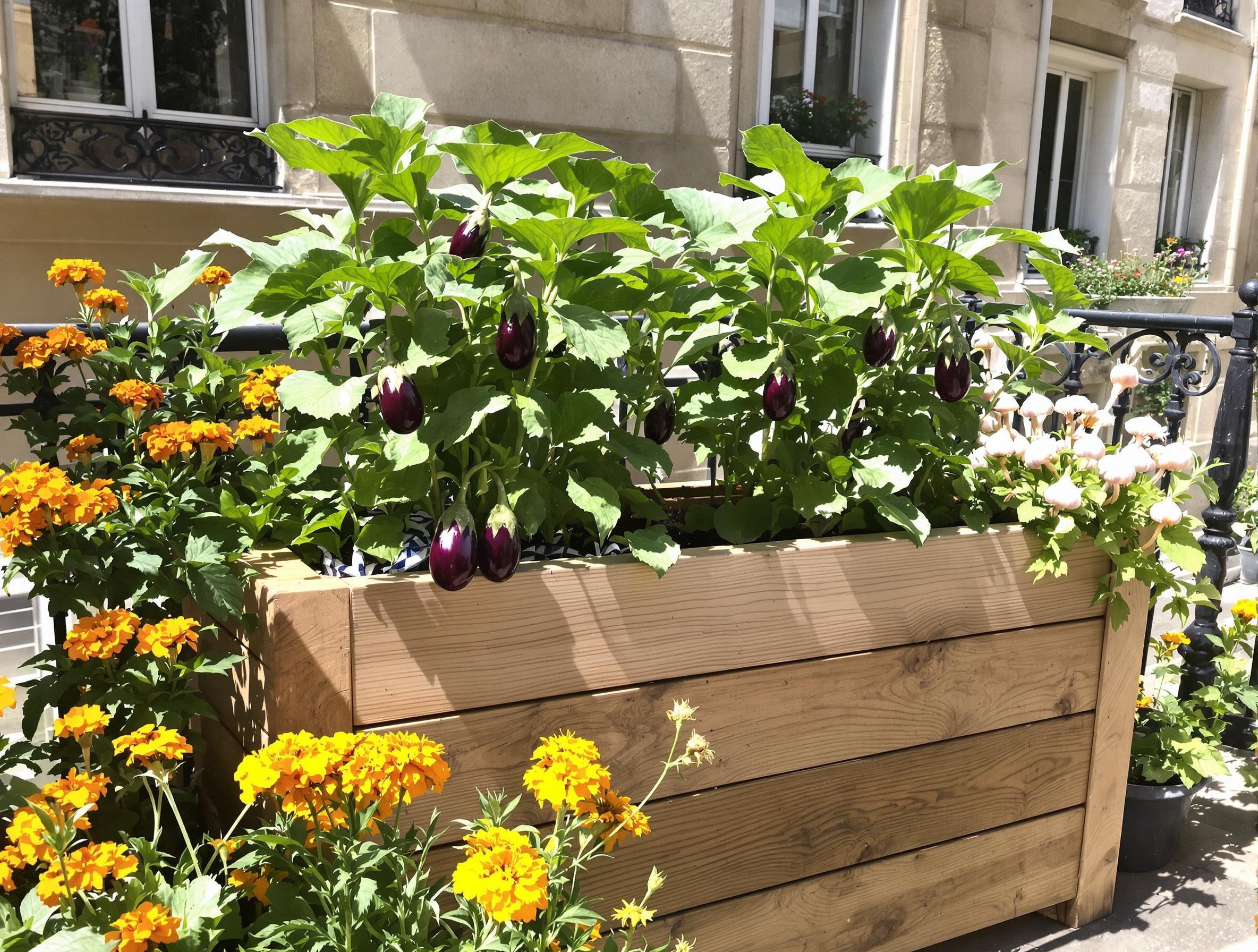 Bac en bois recyclé sur balcon parisien, exposition plein sud, compagnonnage souci-ail