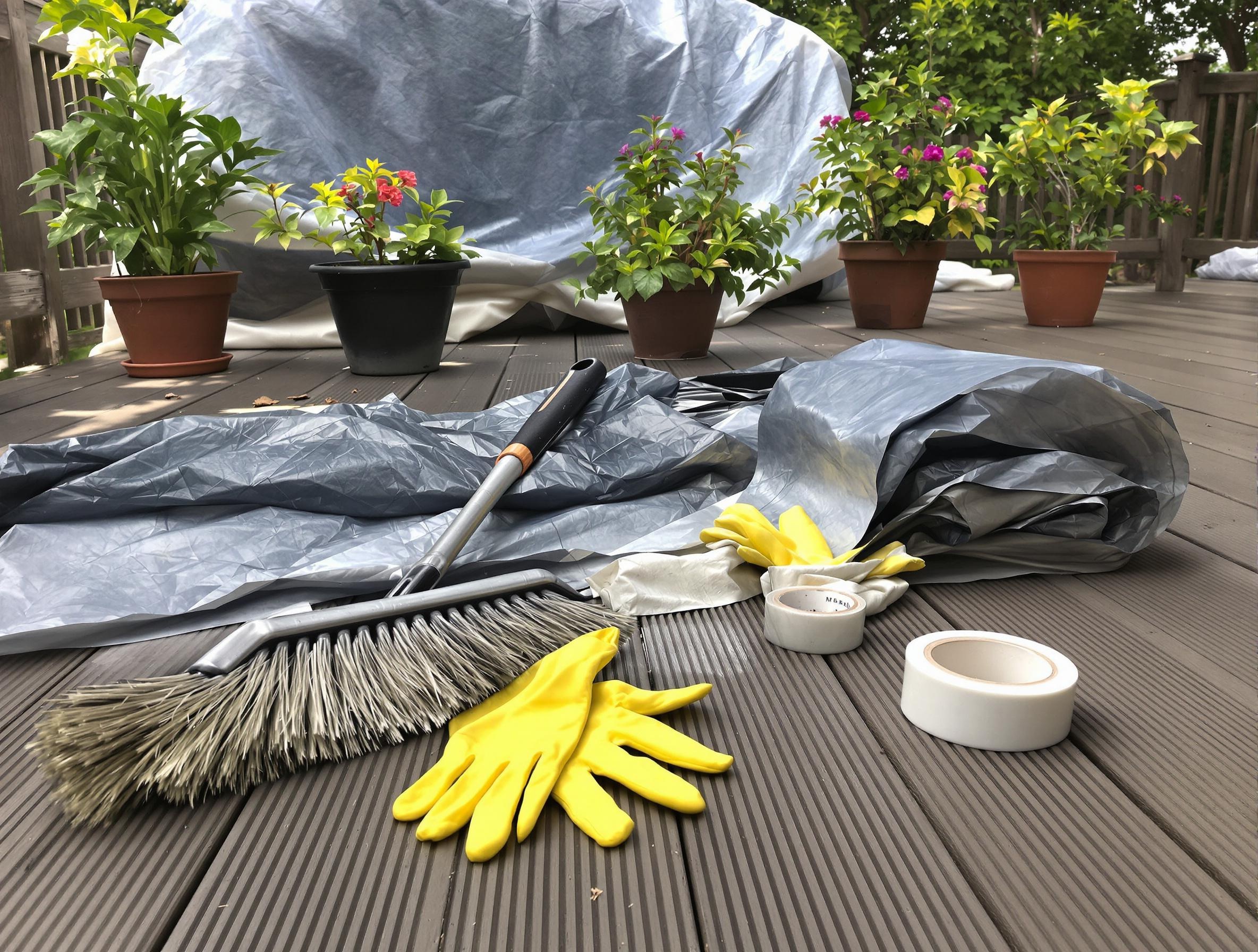 Préparation du nettoyage de la terrasse en bois avec outils et bâche