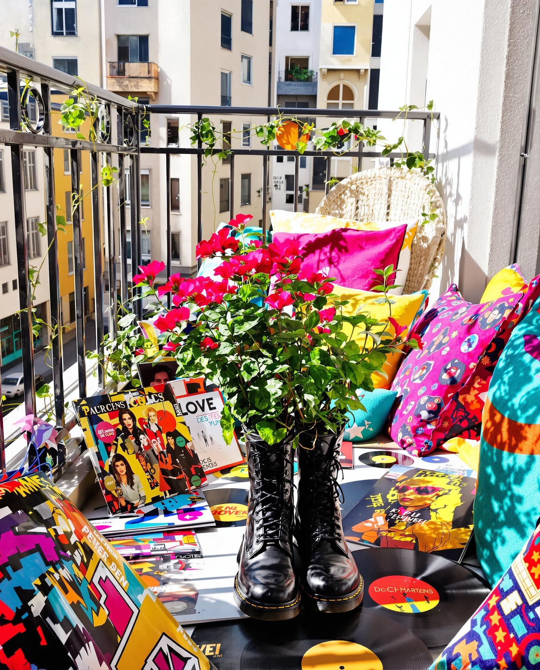 balcon urbain boheme rock Pelargonium zonale Doc Martens vinyles vintage