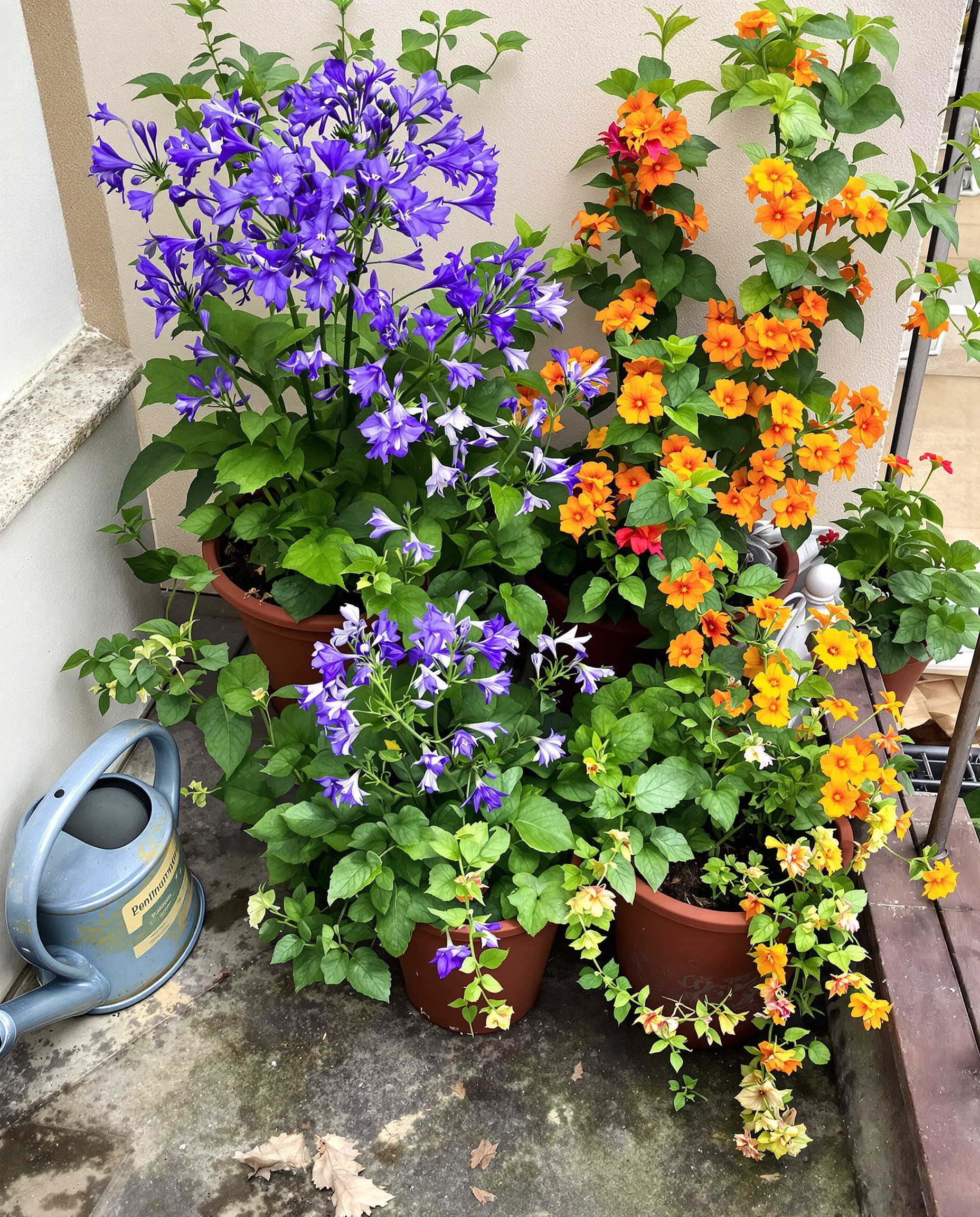 Balcon réaliste avec pots d'Agapanthe en fleur et capucines grimpantes, arrosoir oublié et feuilles sèches