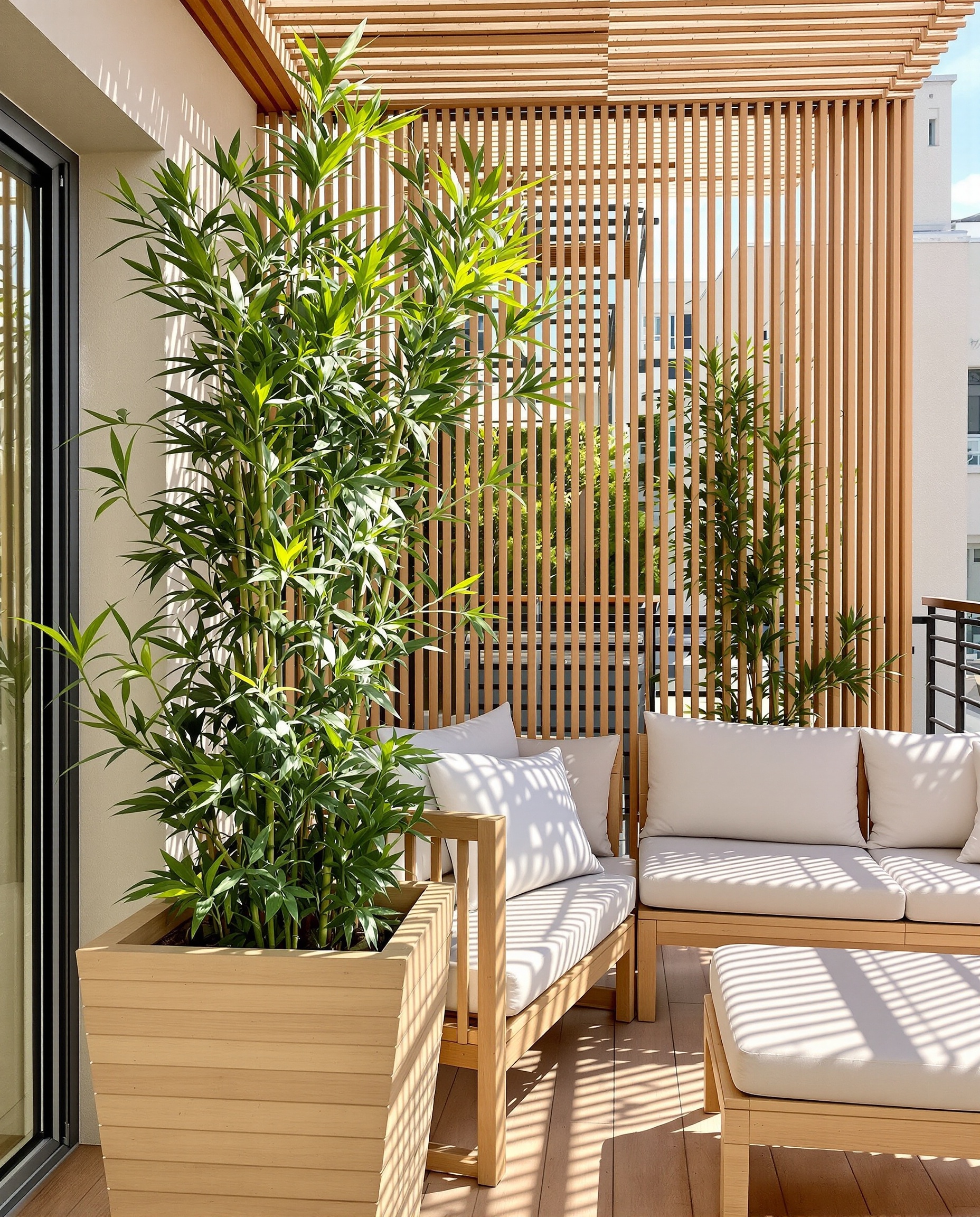 Balcon moderne transformé en oasis privée avec claustra bois ajouré et bambous Fargesia