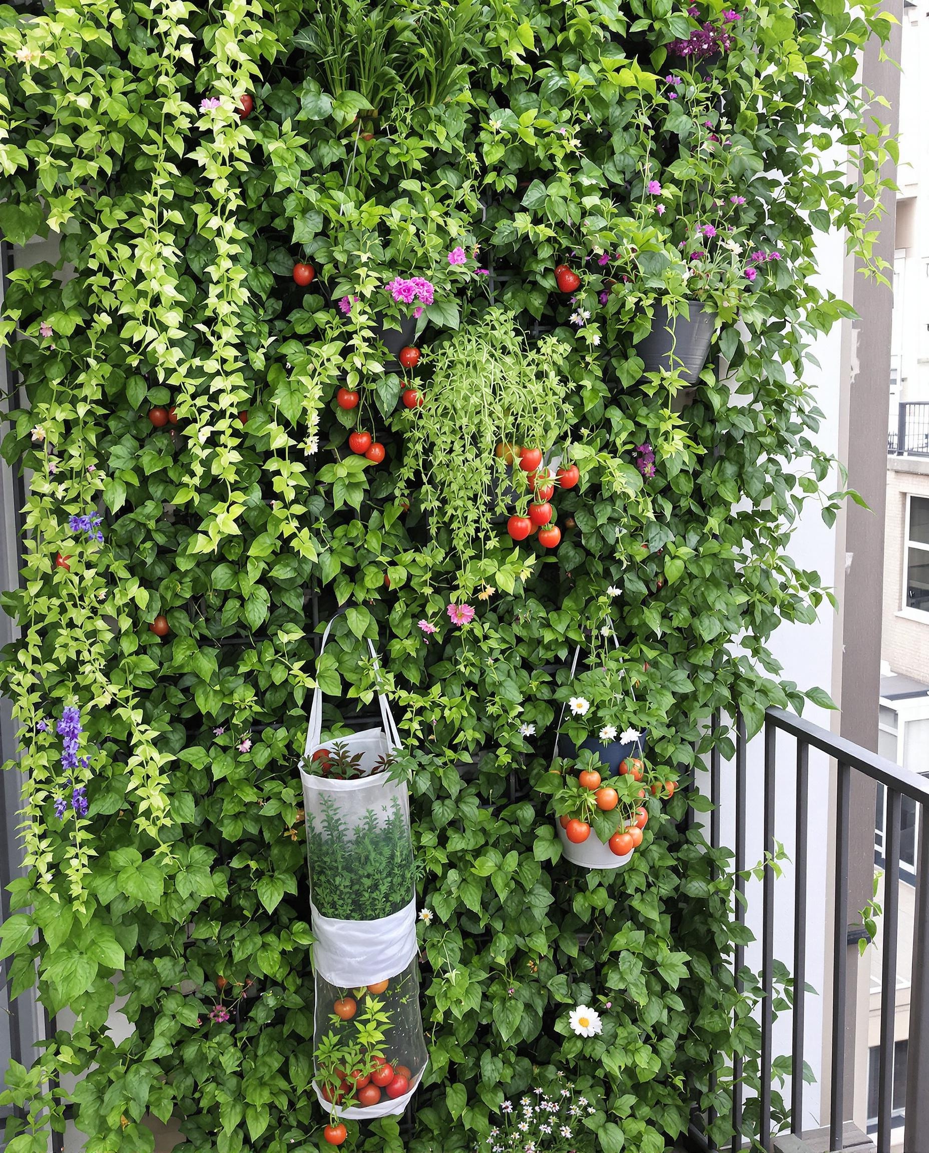 Balcon urbain végétalisé avec treillis et plantes suspendues
