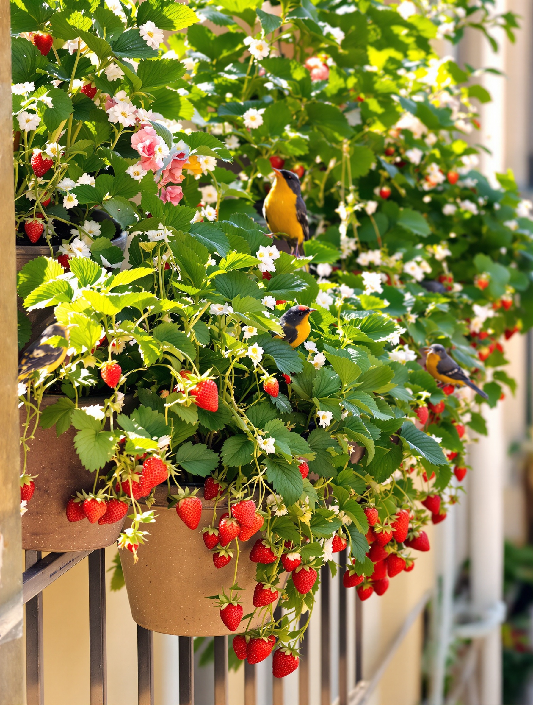 Balcon avec jardinières suspendues débordant de fraisiers et oiseaux le matin