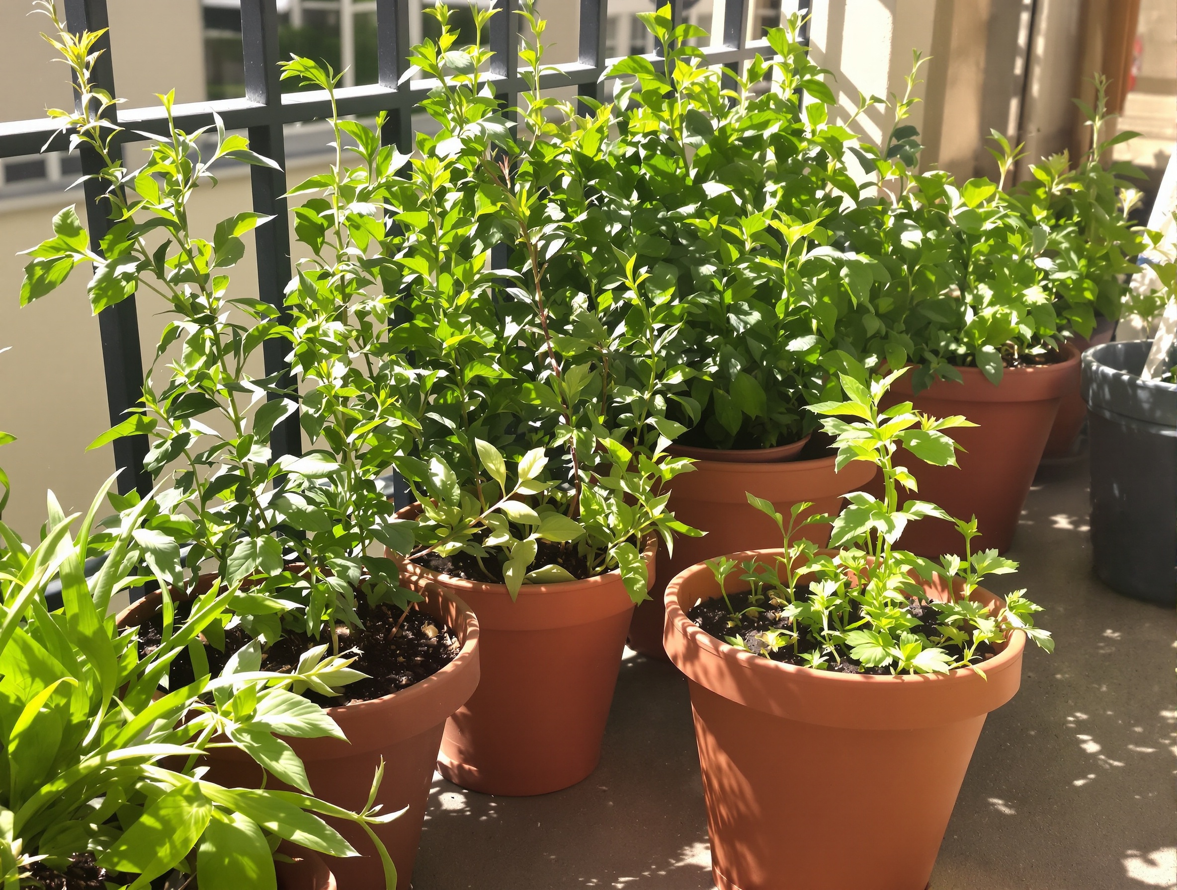 Balcon urbain ensoleillé avec pots d'herbes aromatiques séparés