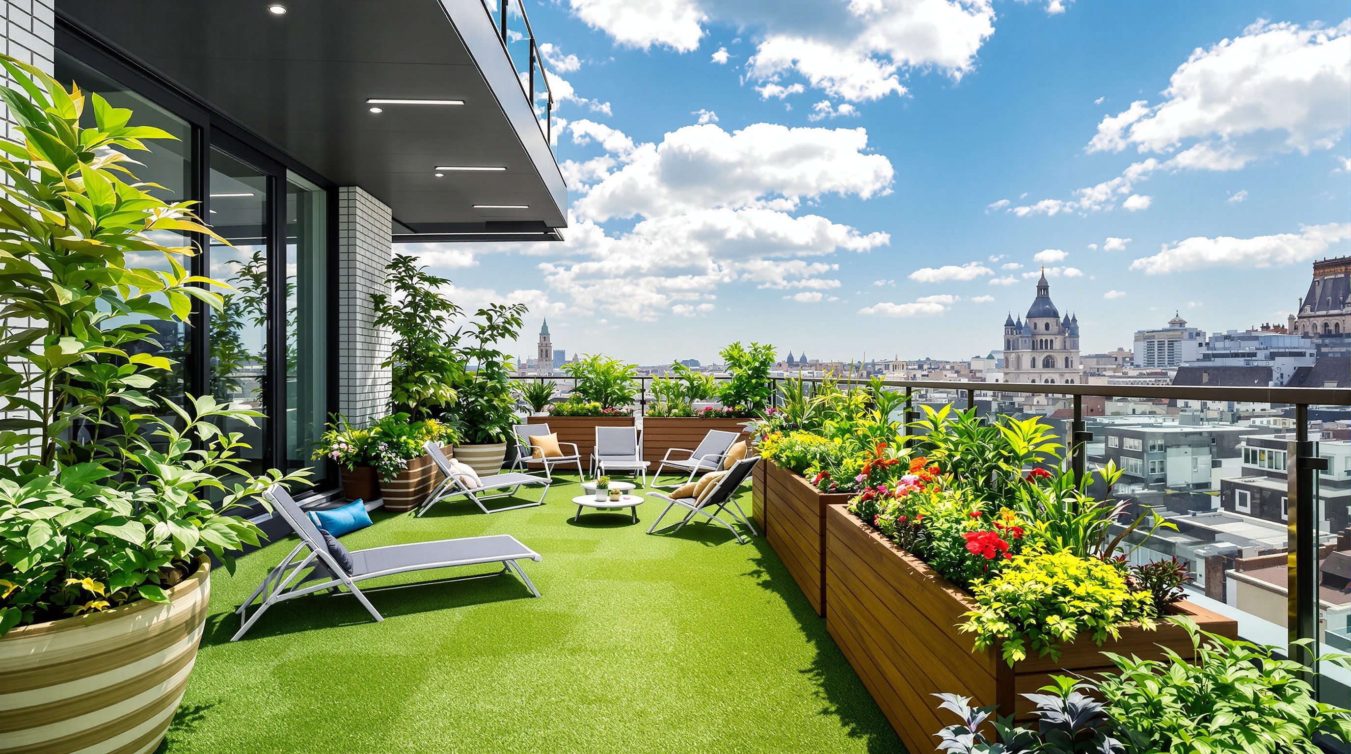 balcon urbain transformé mini-jardin gazon synthétique pots bacs mobilier pliable