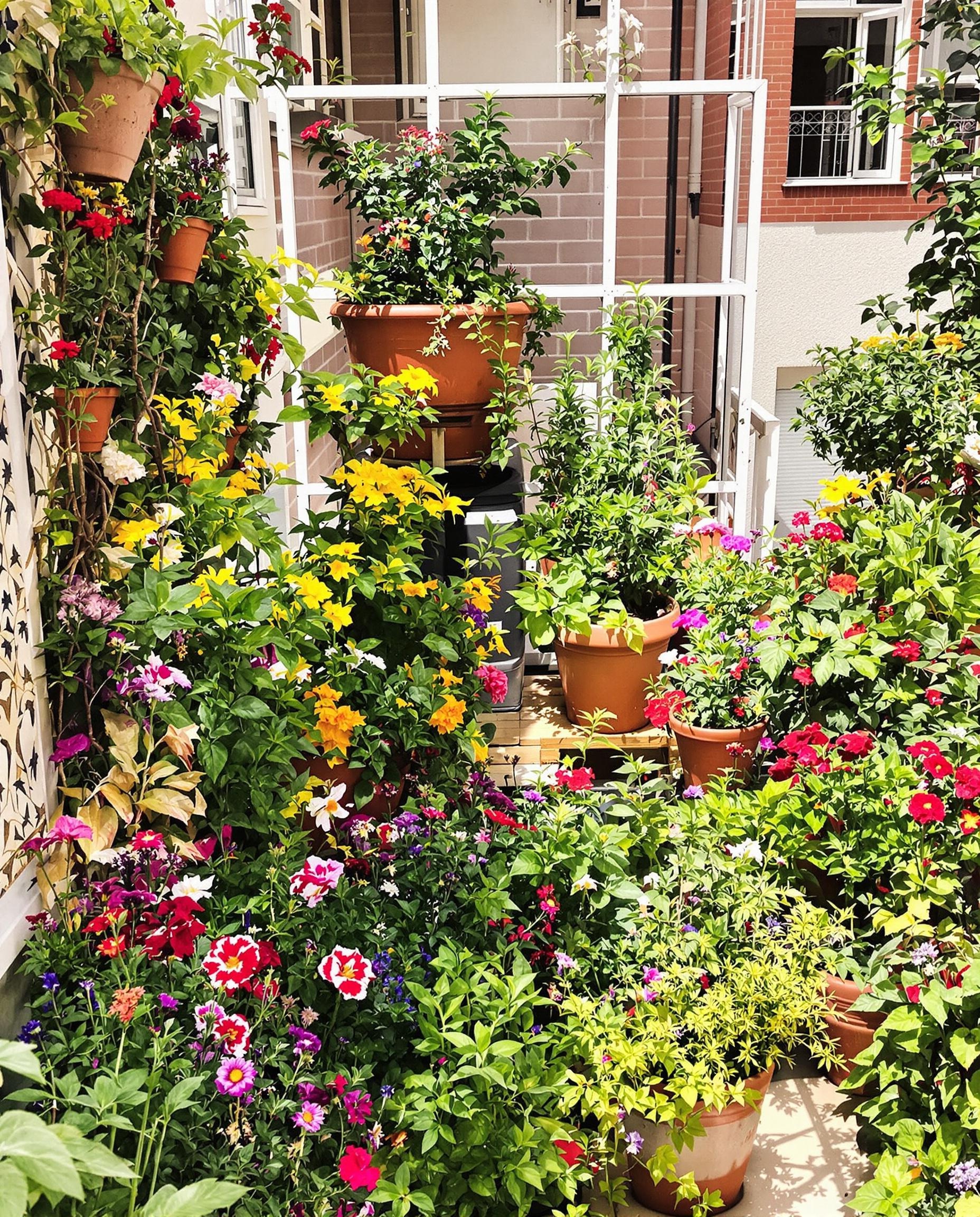 Balcon urbain transformé en oasis verte avec composteur artisanal