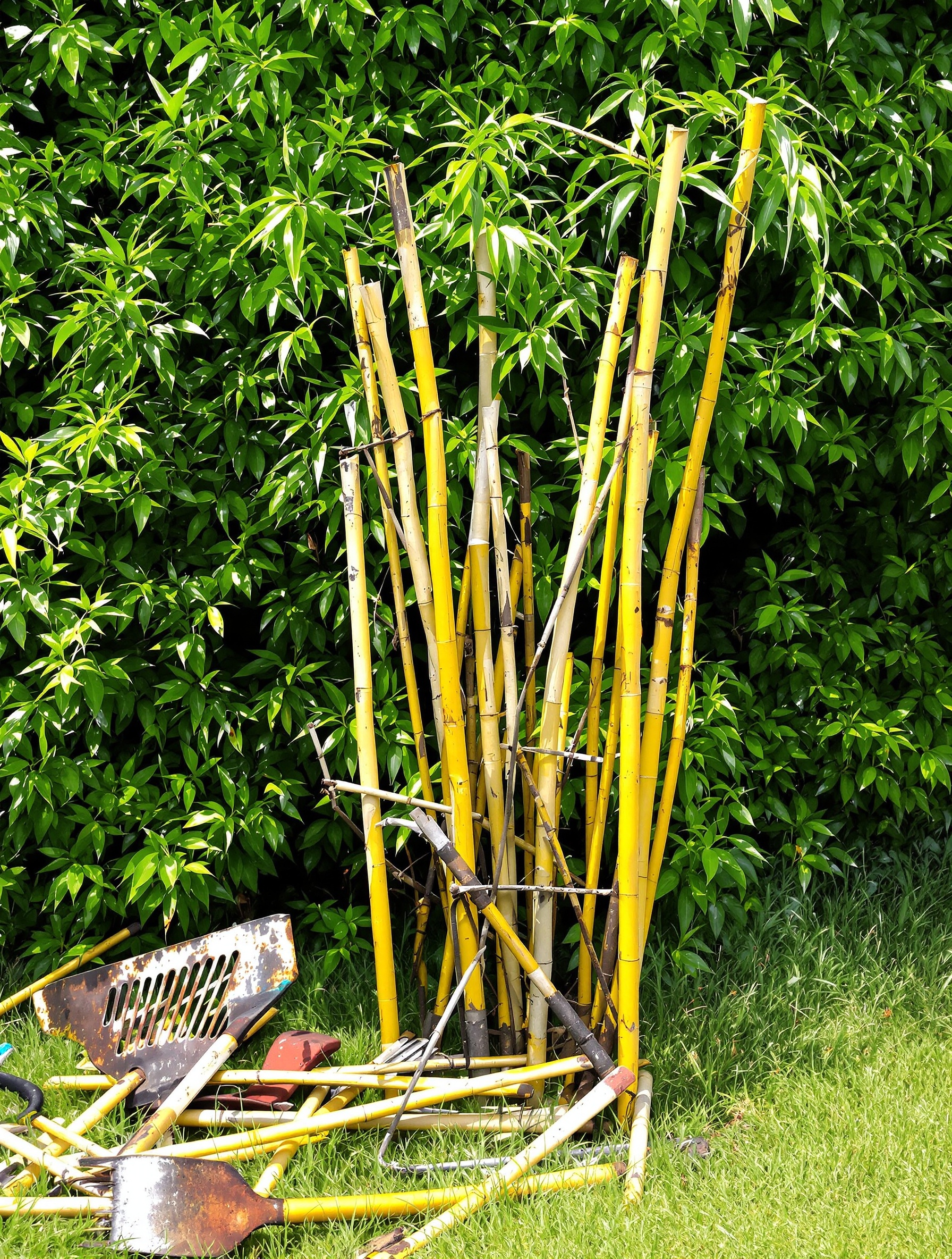 Bambou mal taillé avec cannes jaunes et cassées